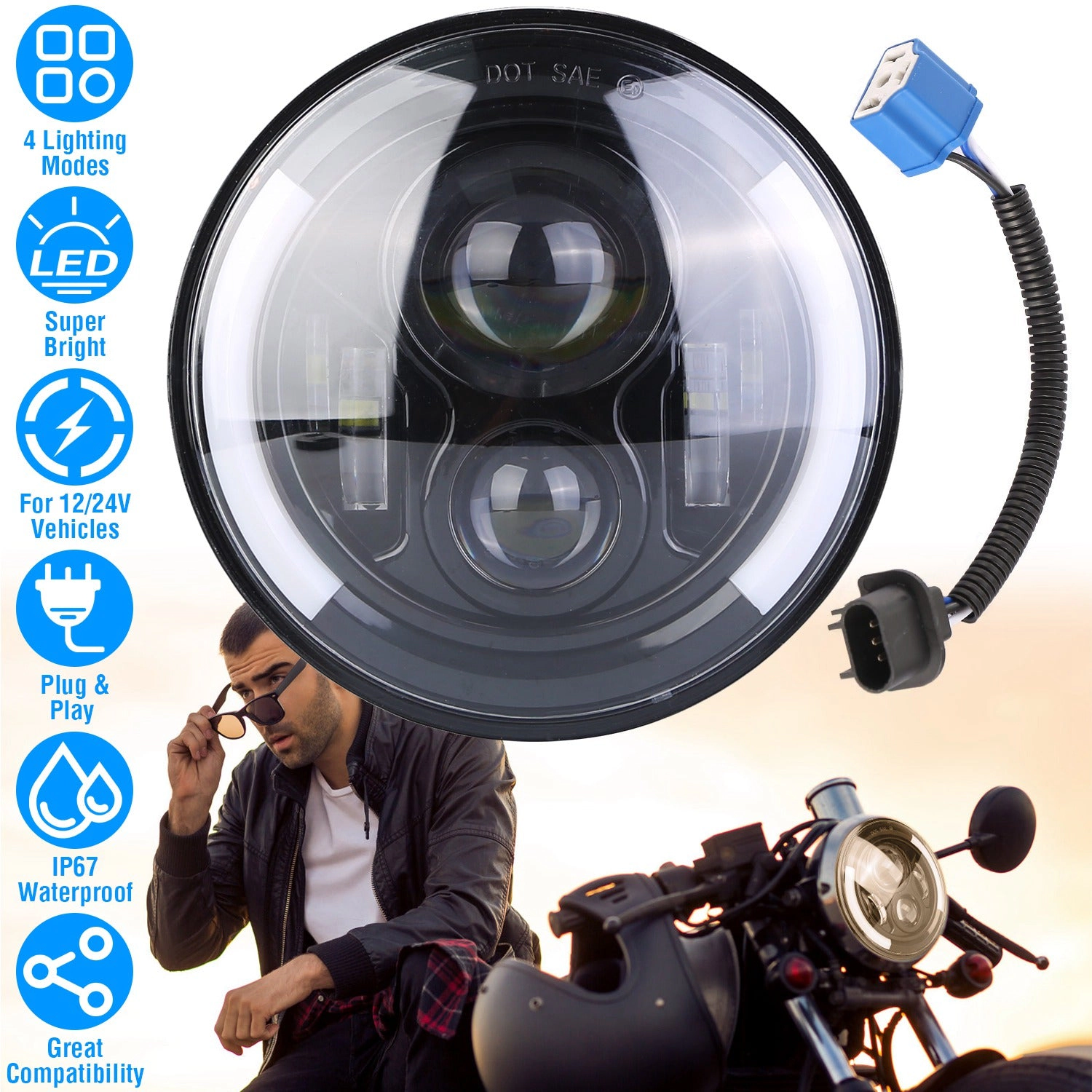 GBruno 7 In 40W Round LED Headlight With Halo DRL
