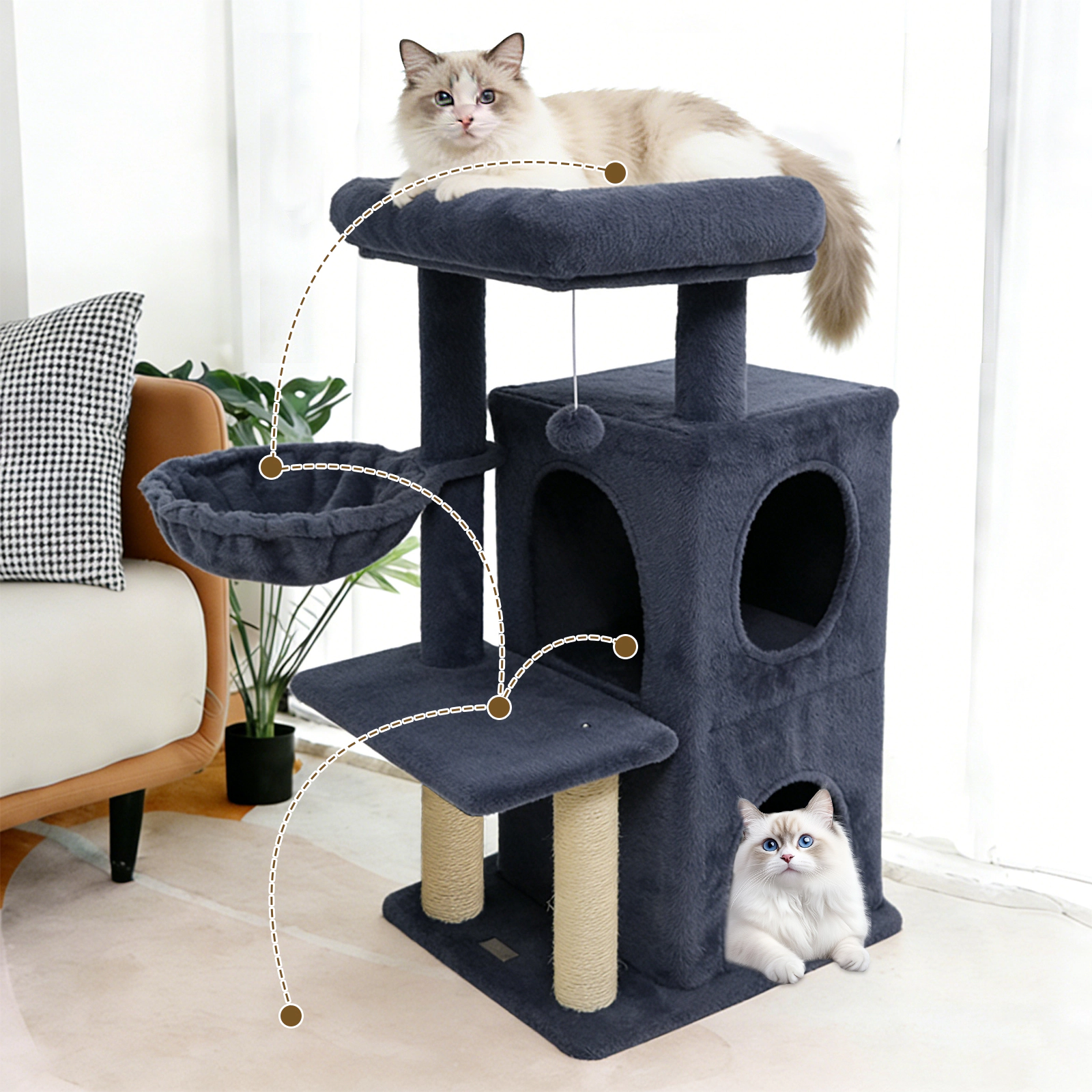 SUGIFT 33.5-in Cute 2-Tier Kitten Condo Tower Cat Tree with Padded Top Perch and Basket 22-lb Capacity Dark Gray