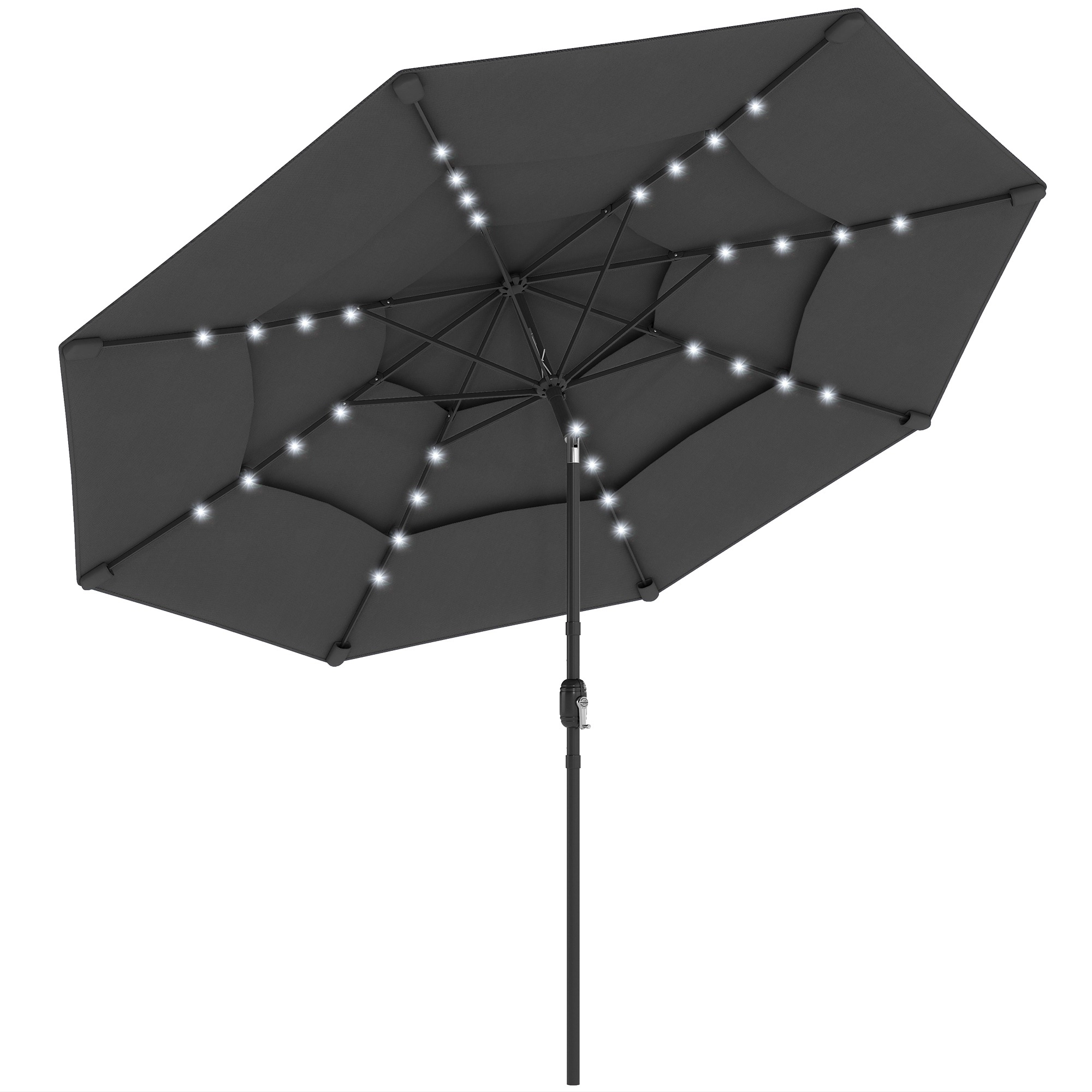 HONGGE 9.7 ft Outdoor Patio Umbrella with Solar LED Lights, 3 Tier Table Tilt, Crank