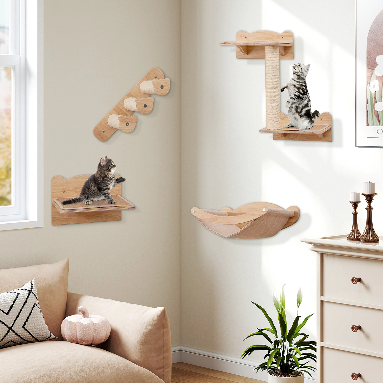 SUGIFT Wall-Mounted Cat Furniture 4-Piece Set with Hammock, 2-Step Cat Tree and Perch 22-lb Capacity Natural
