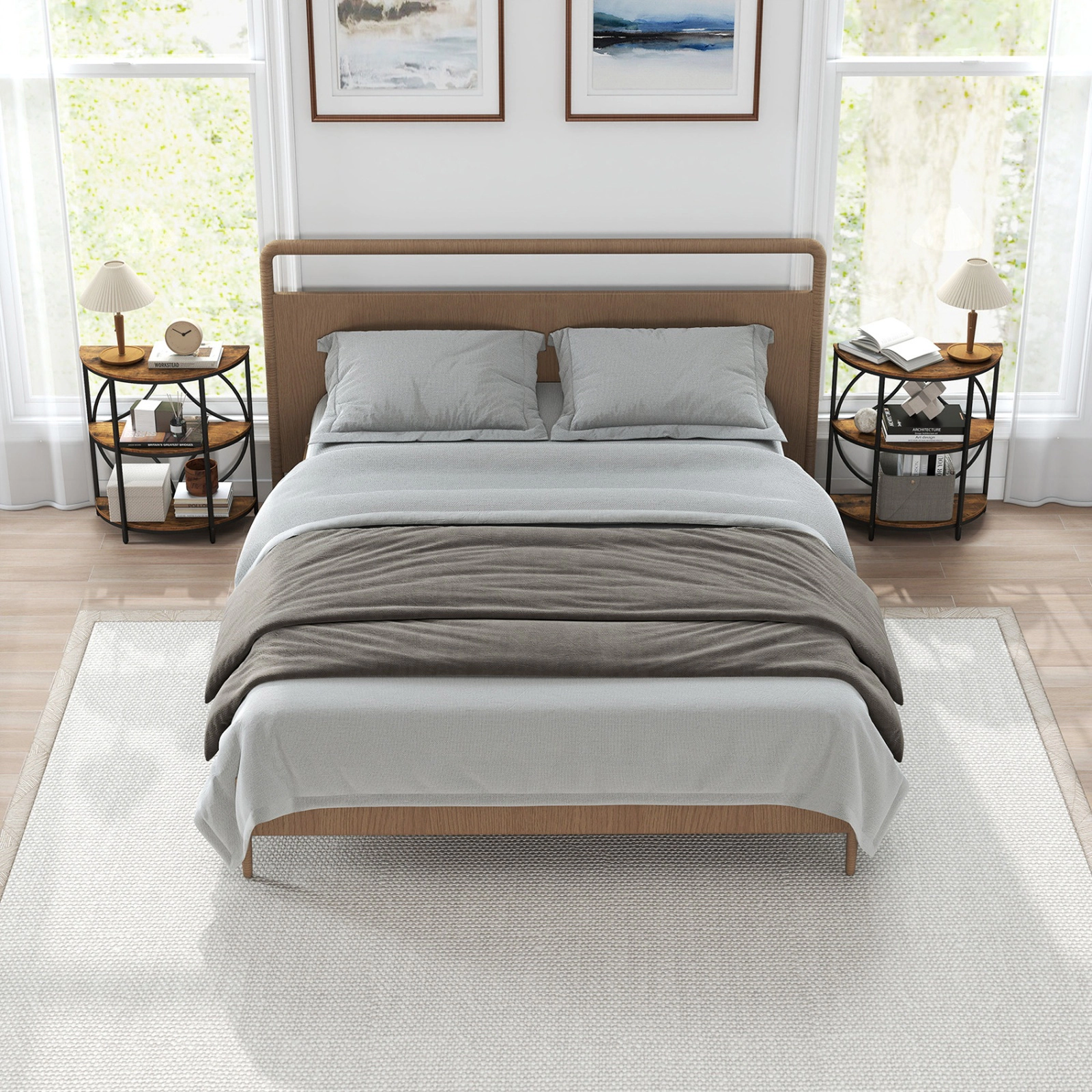 SUGIFT Set of 2 26-Inch Narrow Half-Round Side Tables with 3-Tier Storage Shelves and Metal Frames