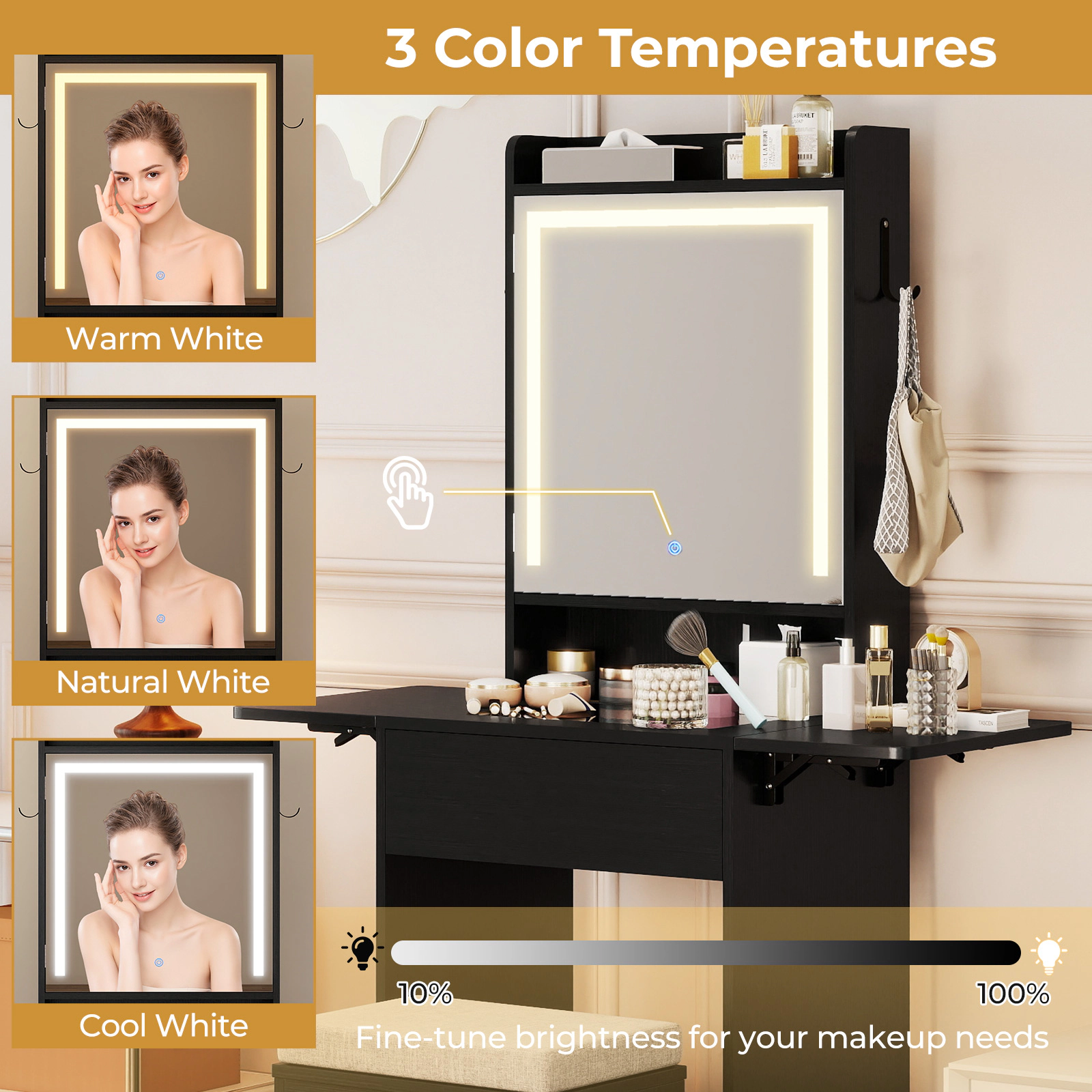 SUGIFT Space-Saving Vanity Desk with LED Mirror, Charging Station and Storage Stool 44-lb Tabletop Capacity 297-lb Stool