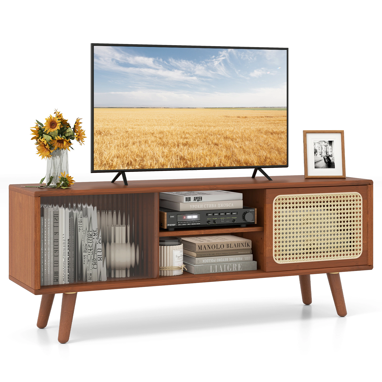 Glintex 47.5-Inch Bamboo TV Stand with Rattan and Glass Sliding Doors, Brown