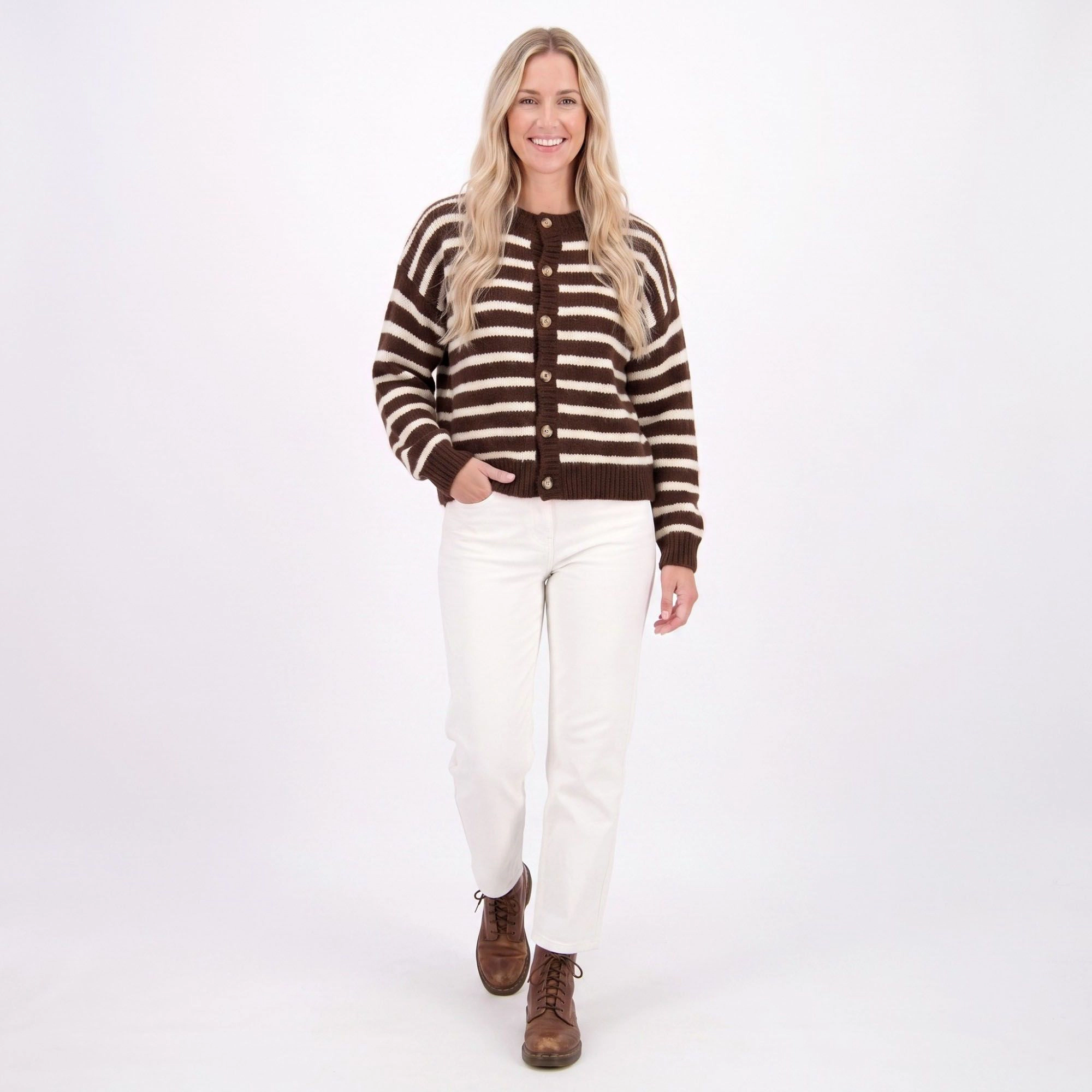 Anna-Kaci Women's Striped Button-Front Crew Neck Knit Cardigan