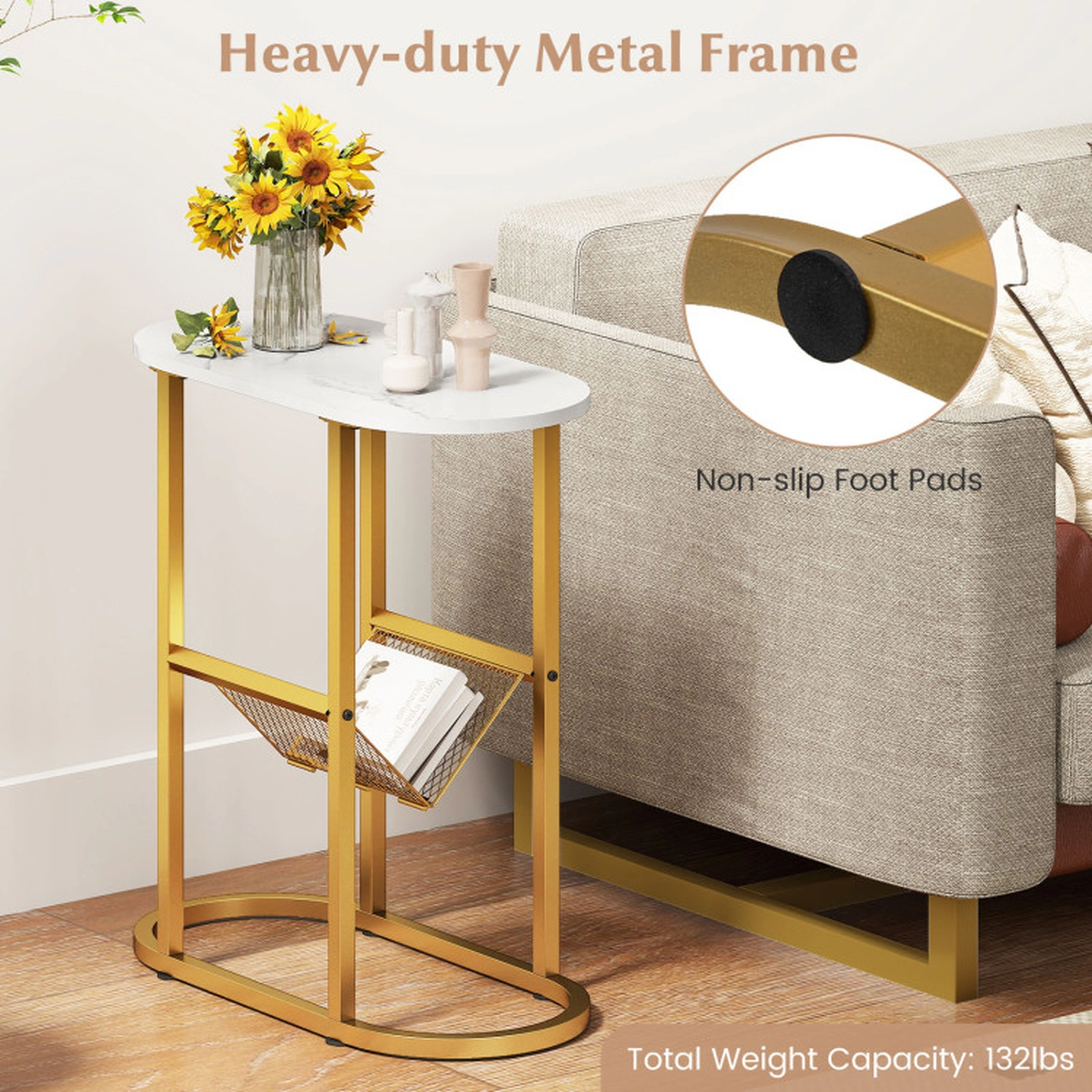 SUGIFT 2-tier Industrial Oval Side Table Mesh Shelf 110-lb Tabletop 22-lb Shelf Capacity 23-in Long White Rustic Brown