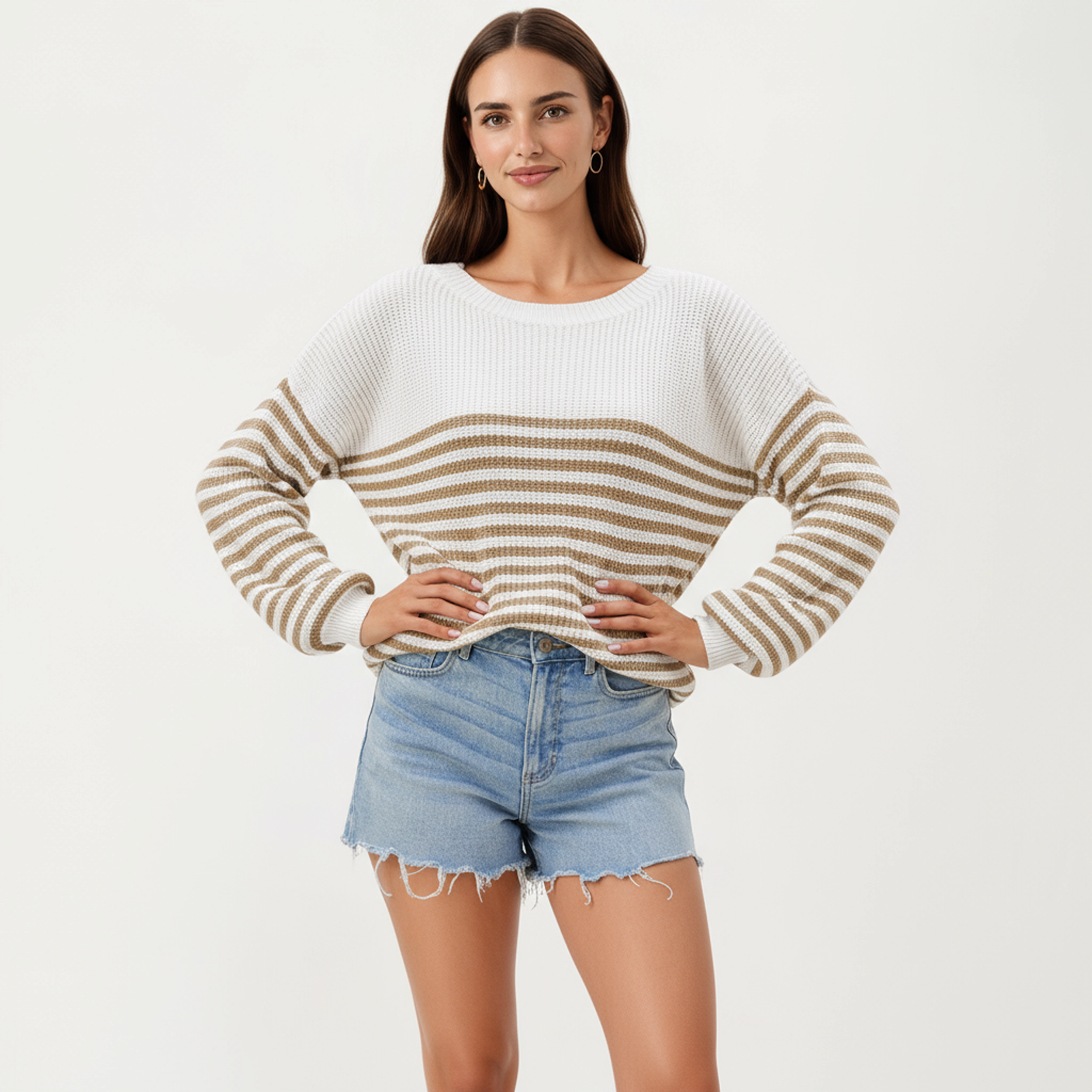 Anna-Kaci Women's Striped Knit Pullover Sweater with Relaxed Fit and Ribbed Hem
