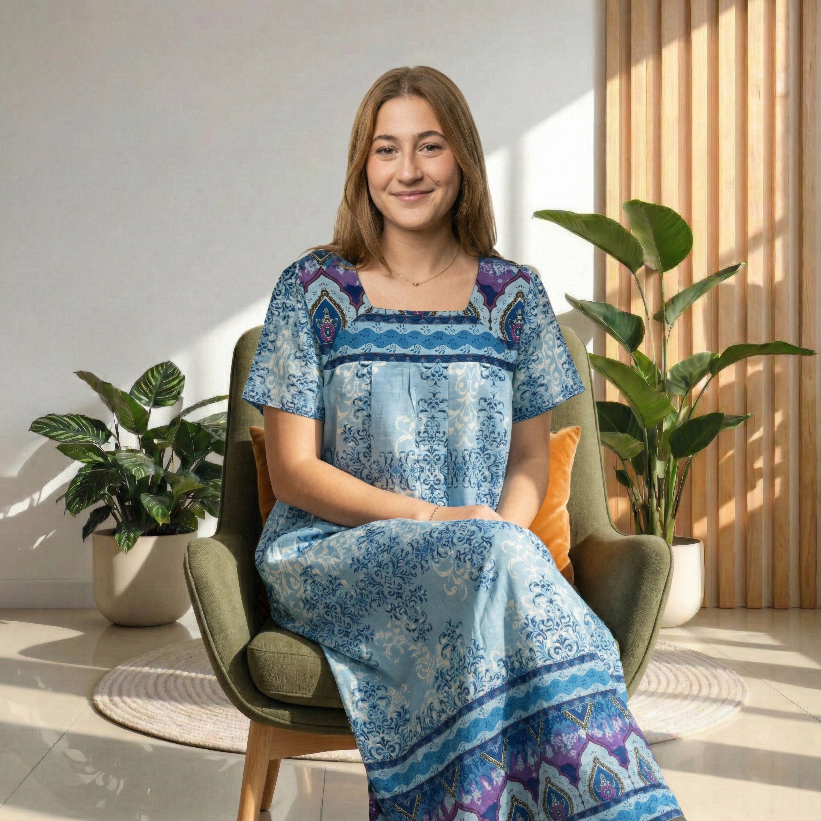 Loungees Border Print Cotton Lounge Dress House Caftan Square Neck Yoke Short Sleeve