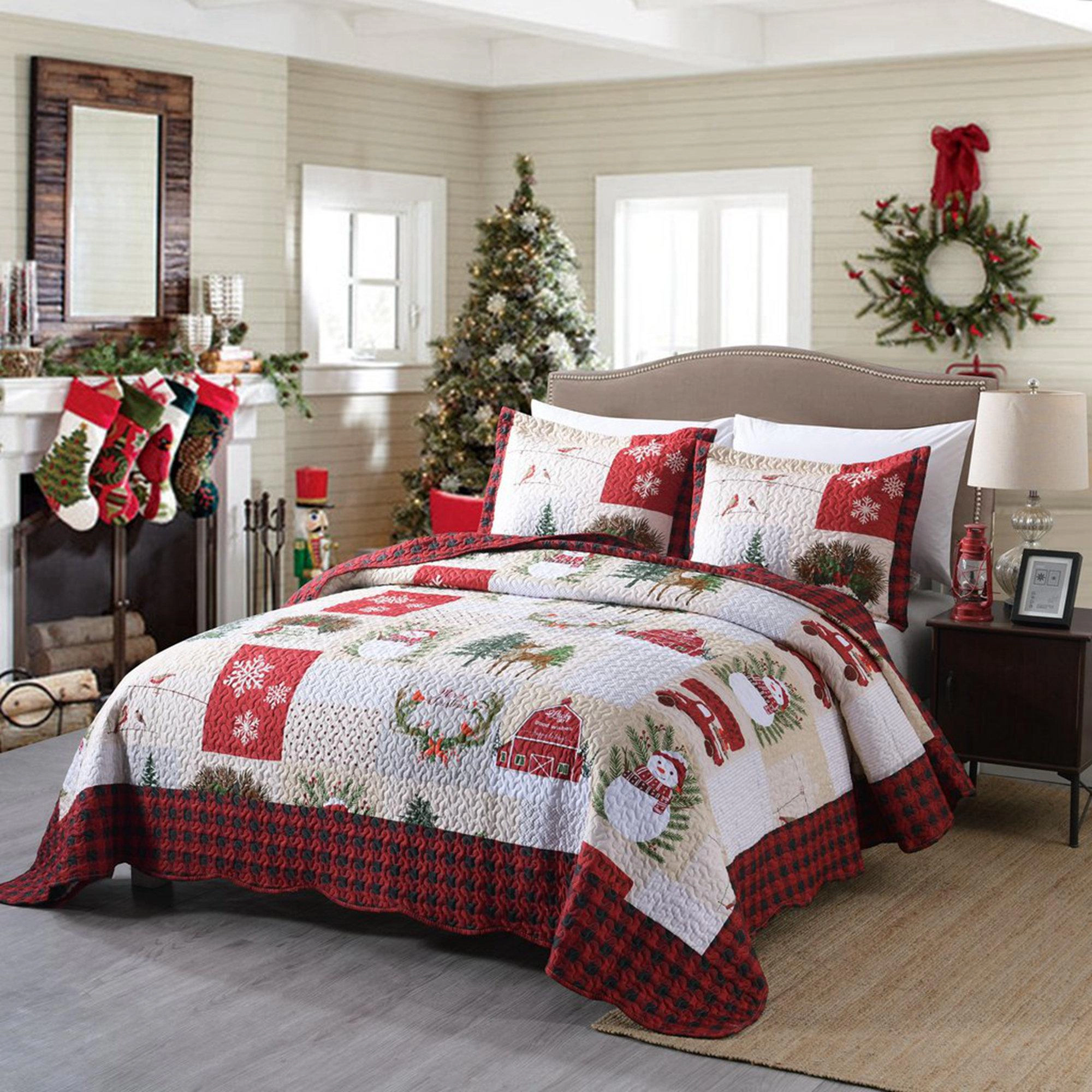 MarCielo 3 Piece Christmas Snowman Patchwork Quilt Bedspread Set – Reversible Holiday Bedding