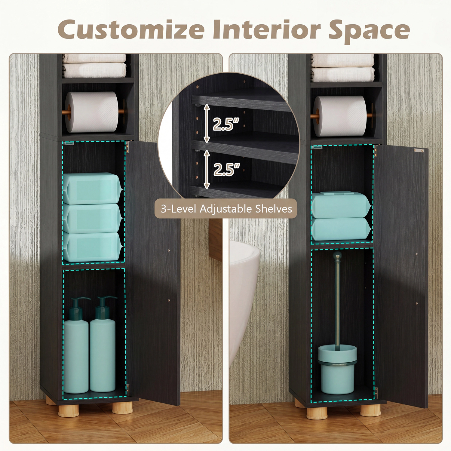 SlickBlue Slim Bathroom Storage Cabinet with Shelves, Hooks & Doors