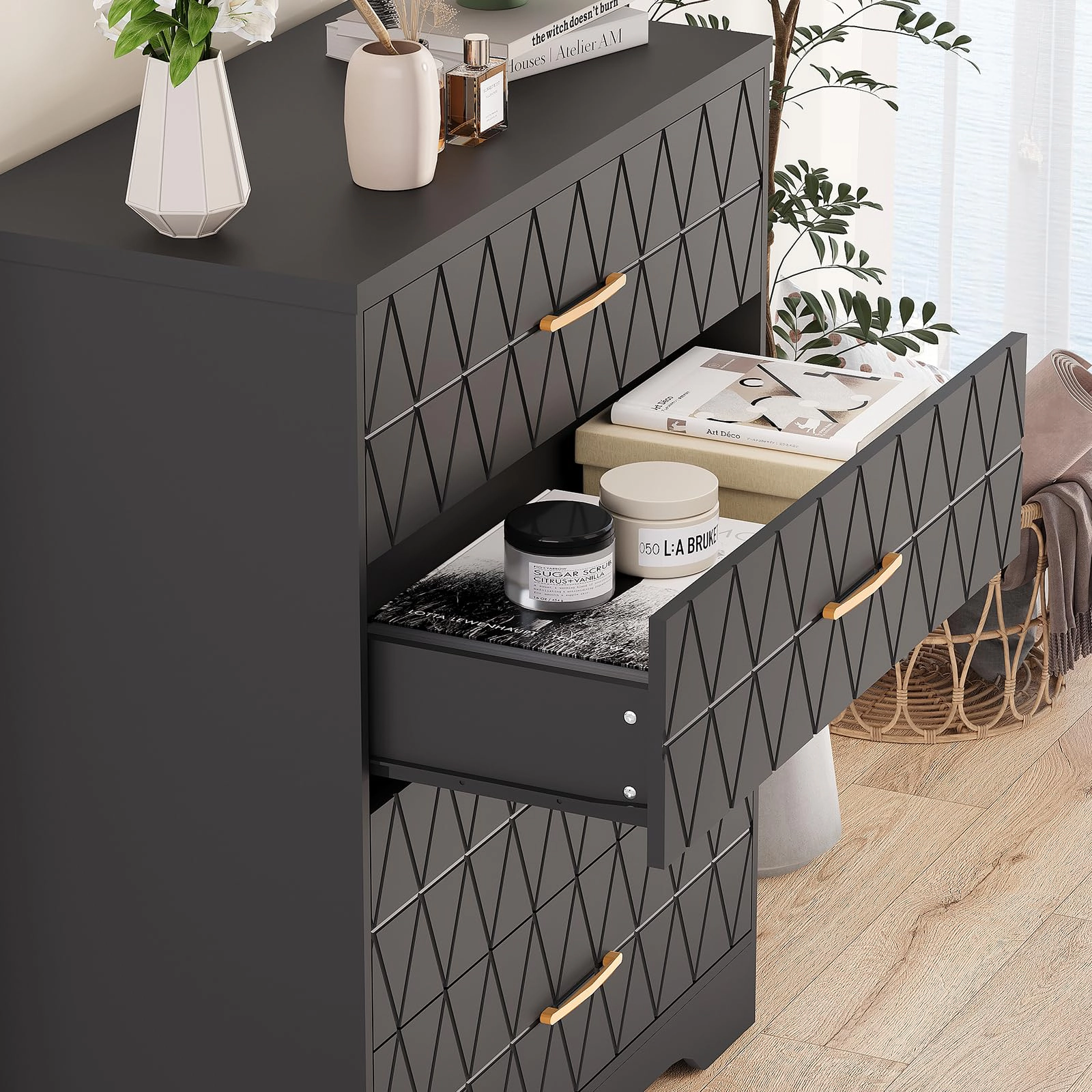 4 Drawer Wooden Dresser with Gold Handles, Modern Nightstand & Storage Organizer for Bedroom