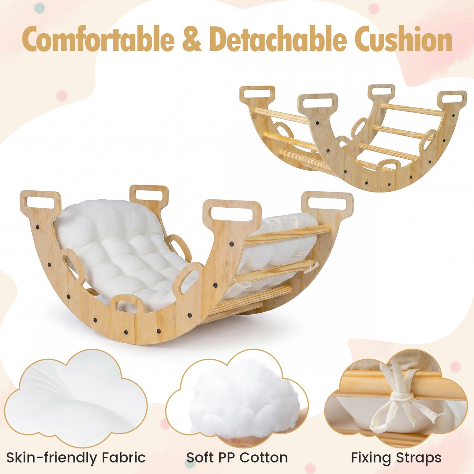 SUGIFT Natural Cushion Montessori Kids Climber and Rocker Wooden Rocking Climbing Arch