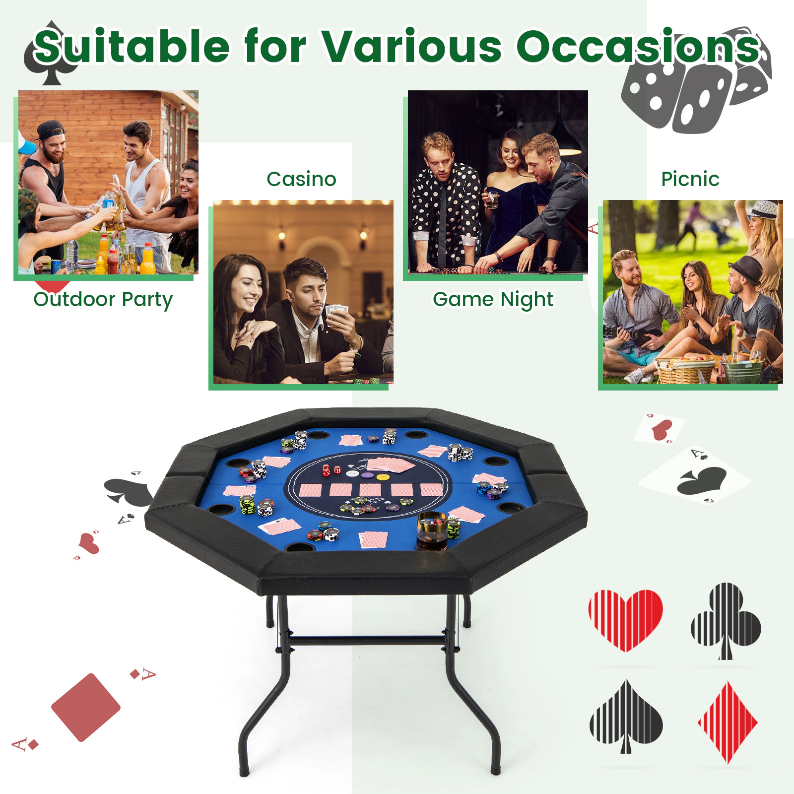 SUGIFT Foldable 48-in Poker Table with Padded Rails and Cup Holders 220-lb Capacity Blue