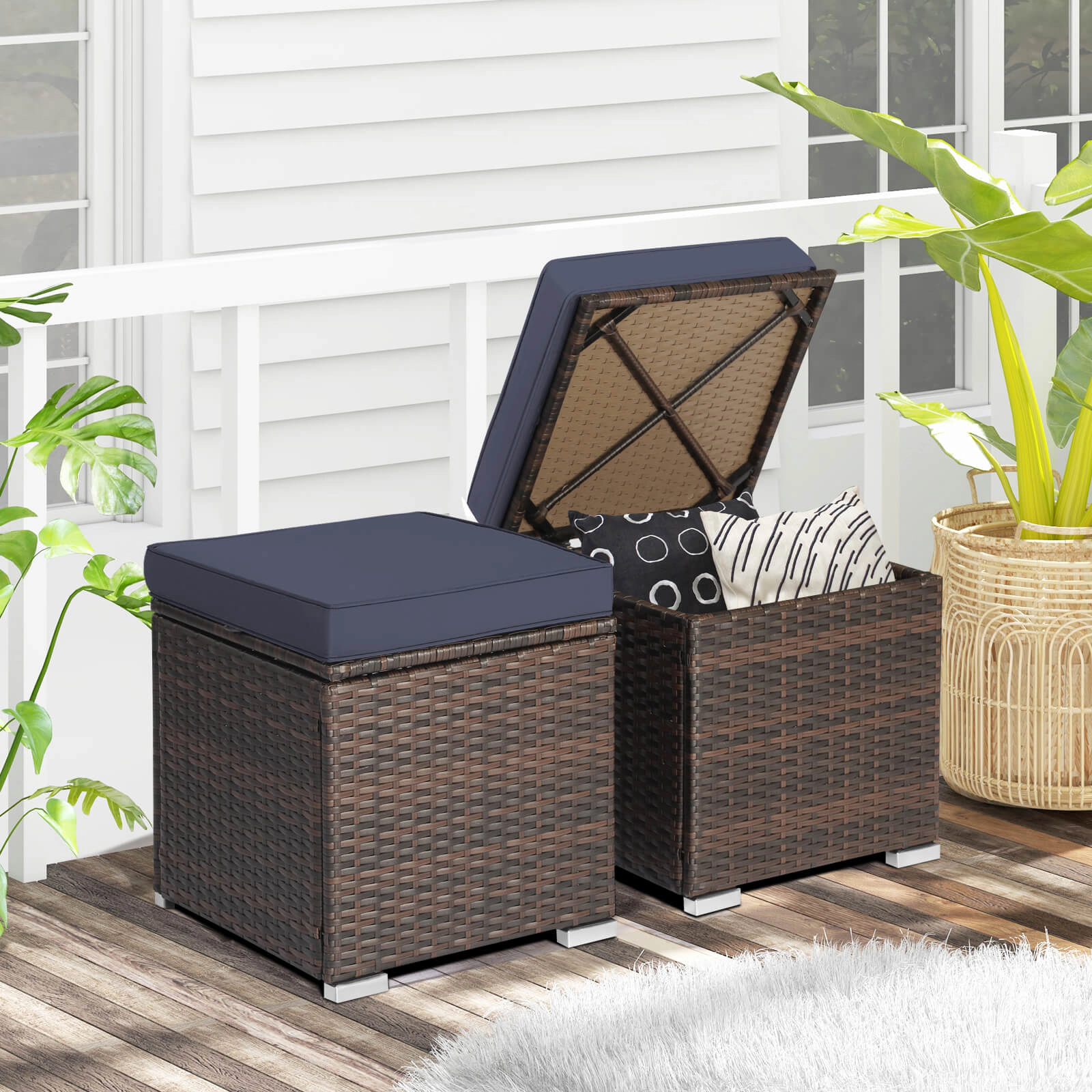 SUGIFT Set of 2 Navy Cushioned Wicker Storage Ottomans, 350 lb Capacity