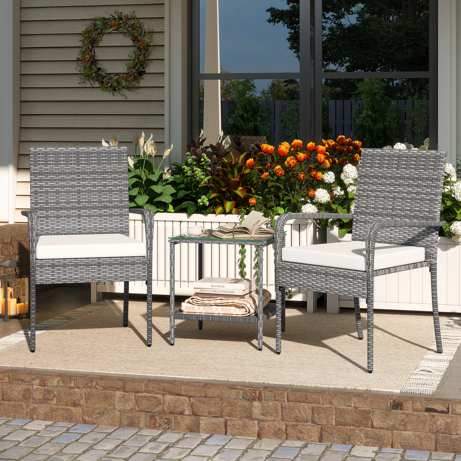 SUGIFT 3-Piece Gray Rattan Bistro Set with 2 Armchairs and 2-Tier Glass Table