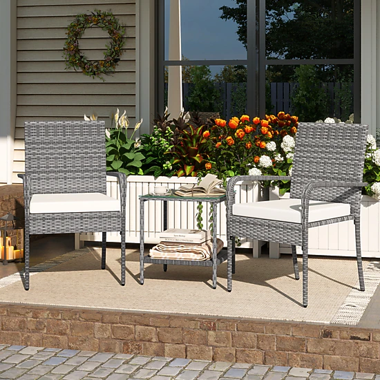 LJG 3 Piece Patio Furniture Set with Seat Cushions and Tempered Glass Tabletop for Balcony
