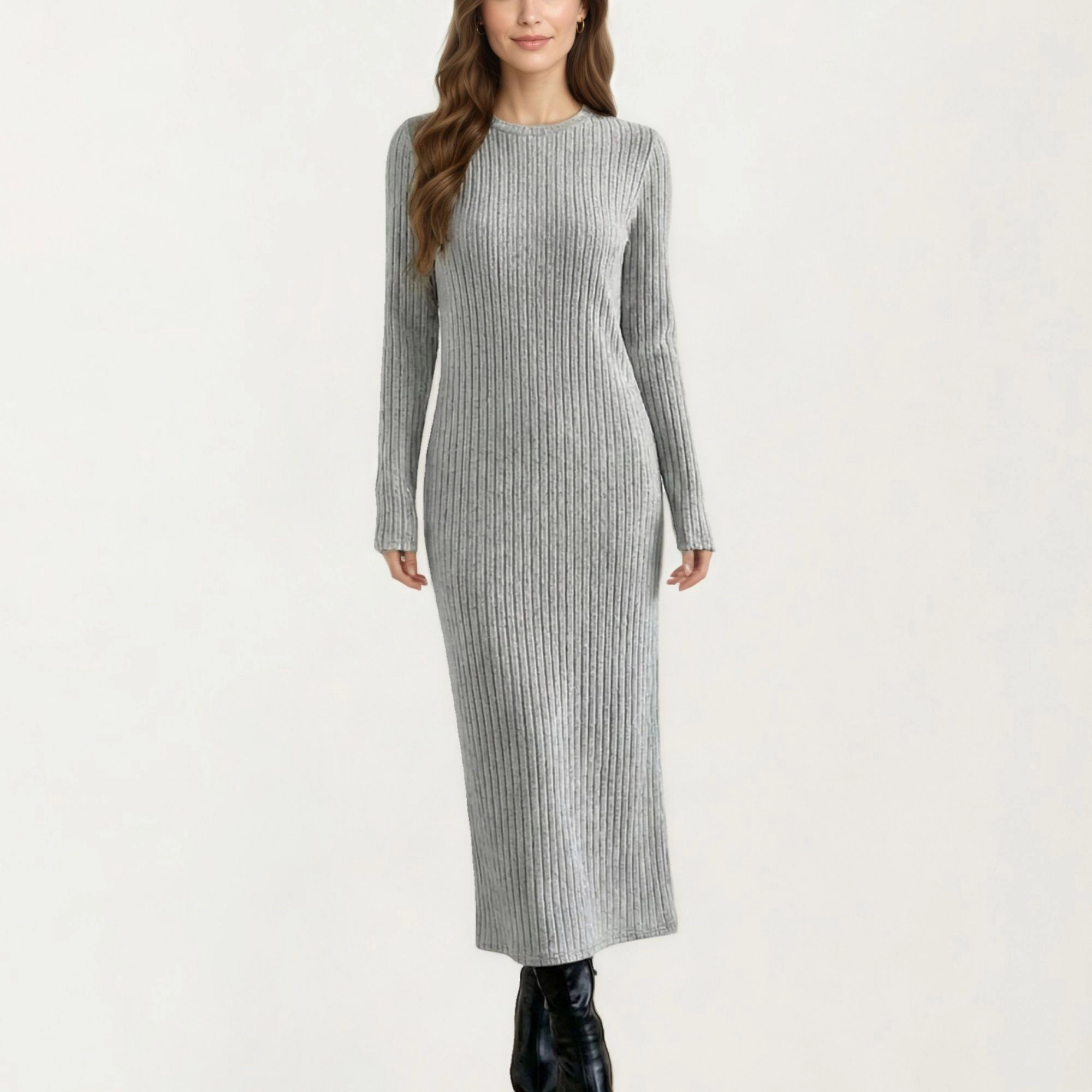 Anna-Kaci Women's Long Sleeve Ribbed Knit Crew Neck Body Skimming Maxi Dress
