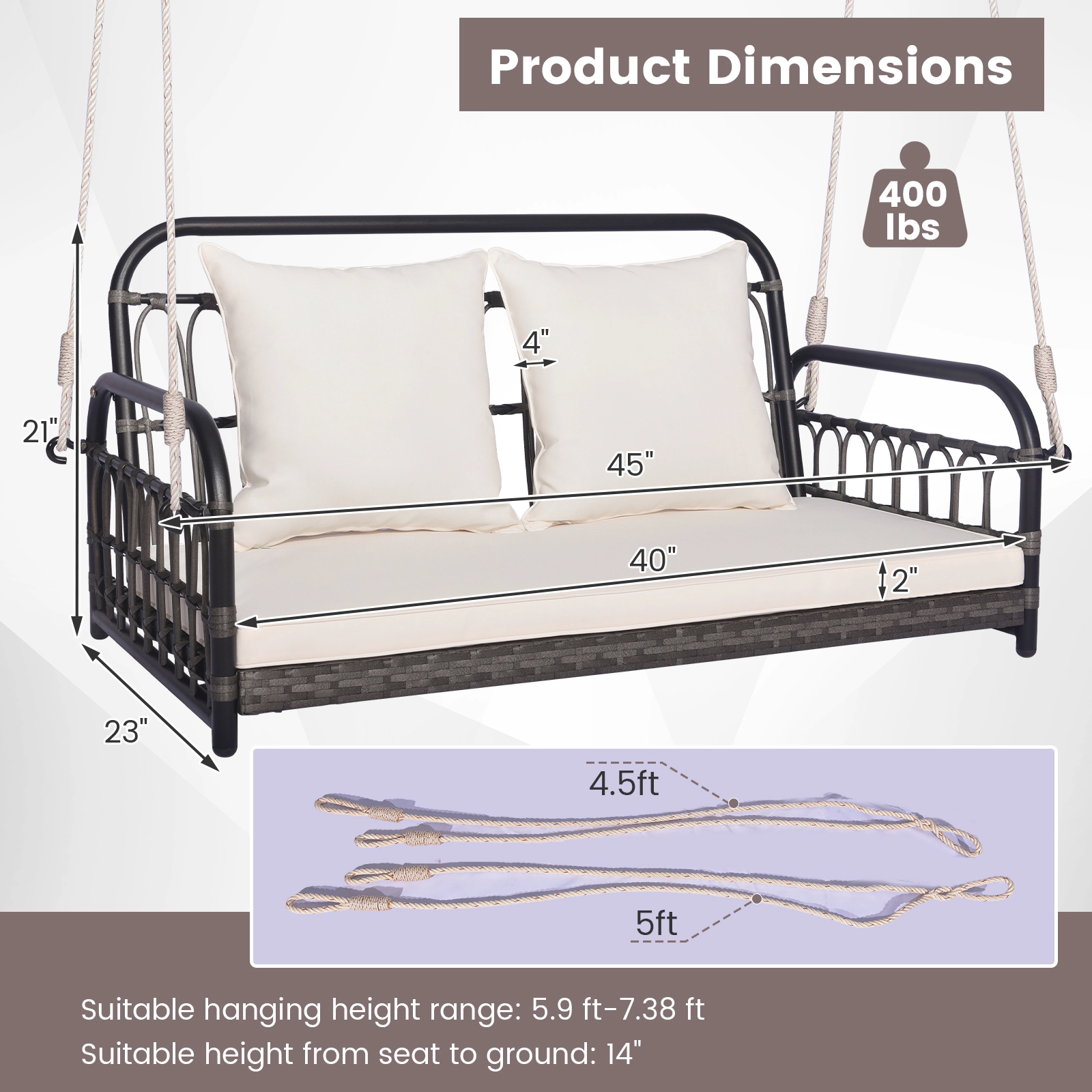 SUGIFT 2-Person Outdoor Hanging Swing Chair with Cushions 880-lb Capacity Mix Gray Frame Off White Cushions