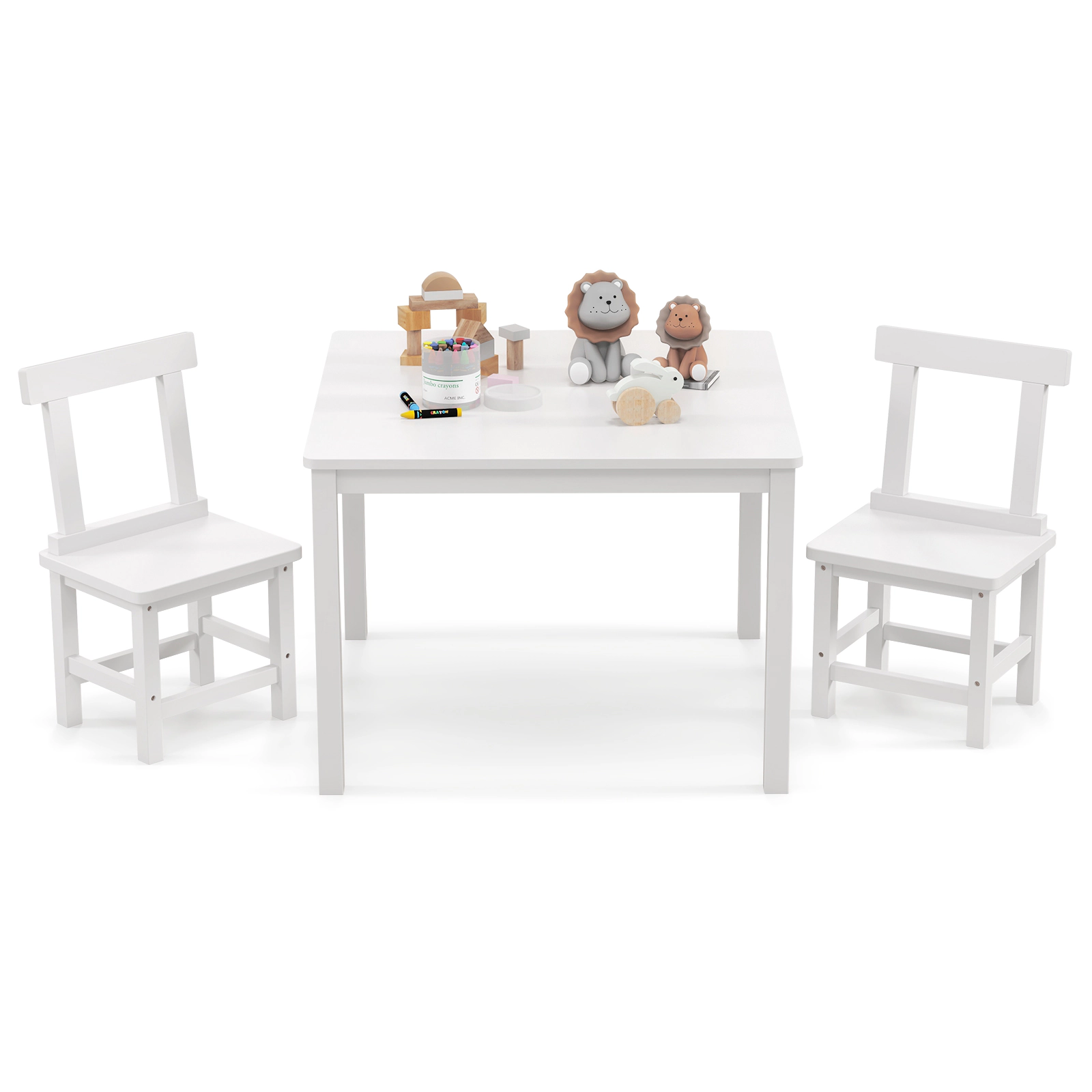 SUGIFT White Anti-Slip Foot Pads and Solid Wood Frame Kids Wooden Table and 2 Chairs Set