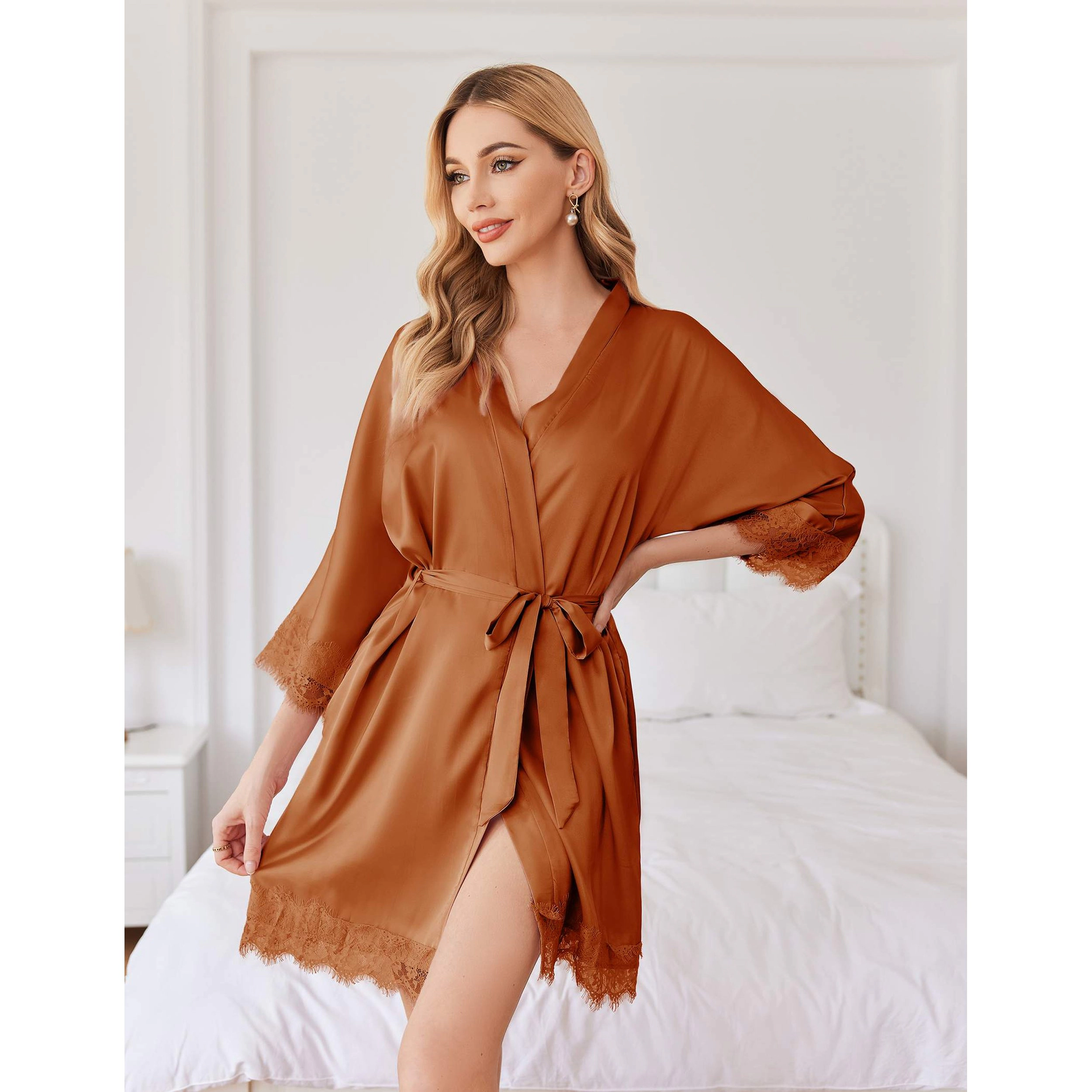 Ekouaer Womens Silk Robe Short Lace Trim Satin Sleeve Kimono Bride Bathrobe Comfy Sleepwear