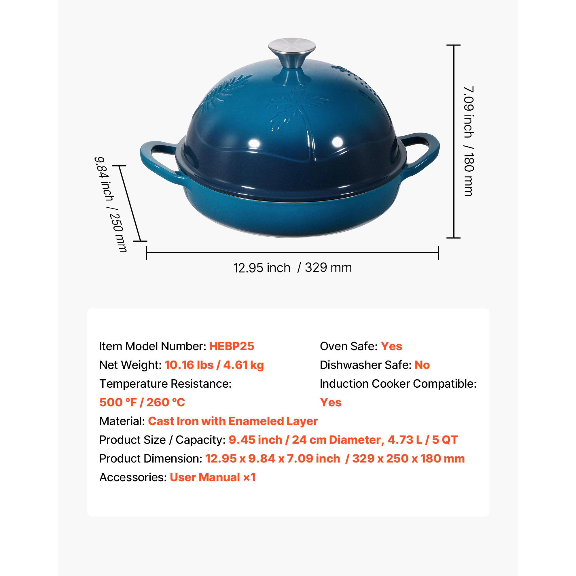 HONGGE Enameled Cast Iron Dutch Oven Pot with Lid and Dual Handles Heavy-Duty Durable Cookware Pan Oven Induction