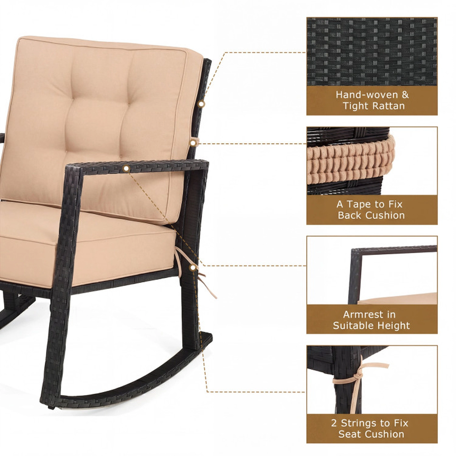 SUGIFT Brown 5-in Seat Cushion and Iron Frame Patio Rattan Rocking Chair