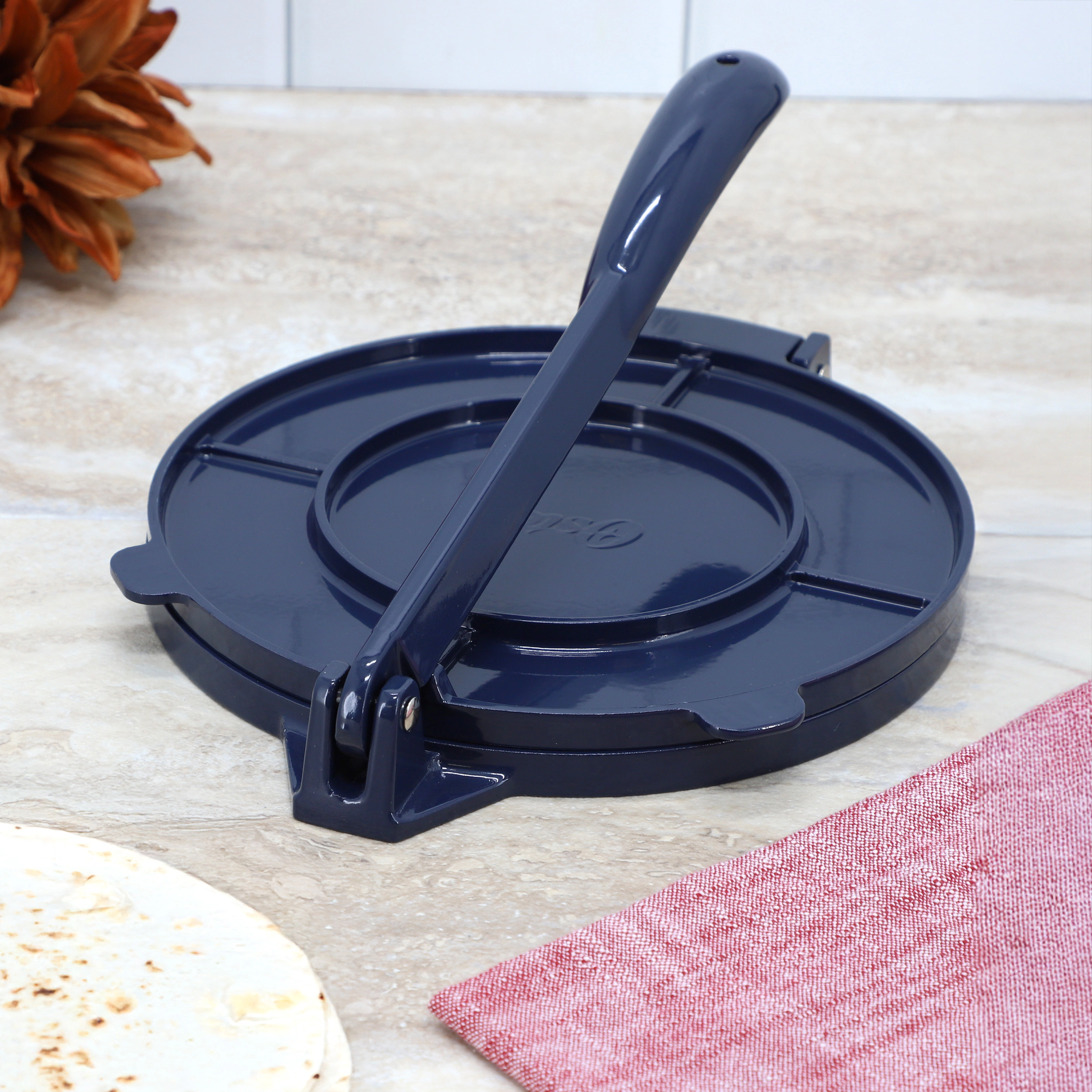Oster Ravello 8 Inch Cast Aluminum Round Tortilla Press in Blue