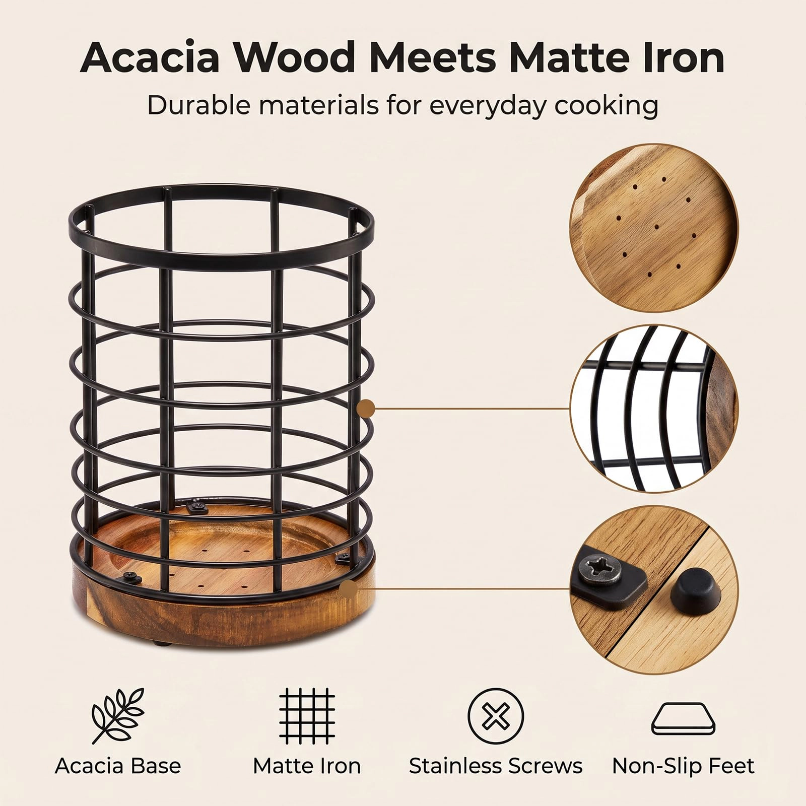 WZK Wooden Base Wire Cooking Kitchen Utensil Holder