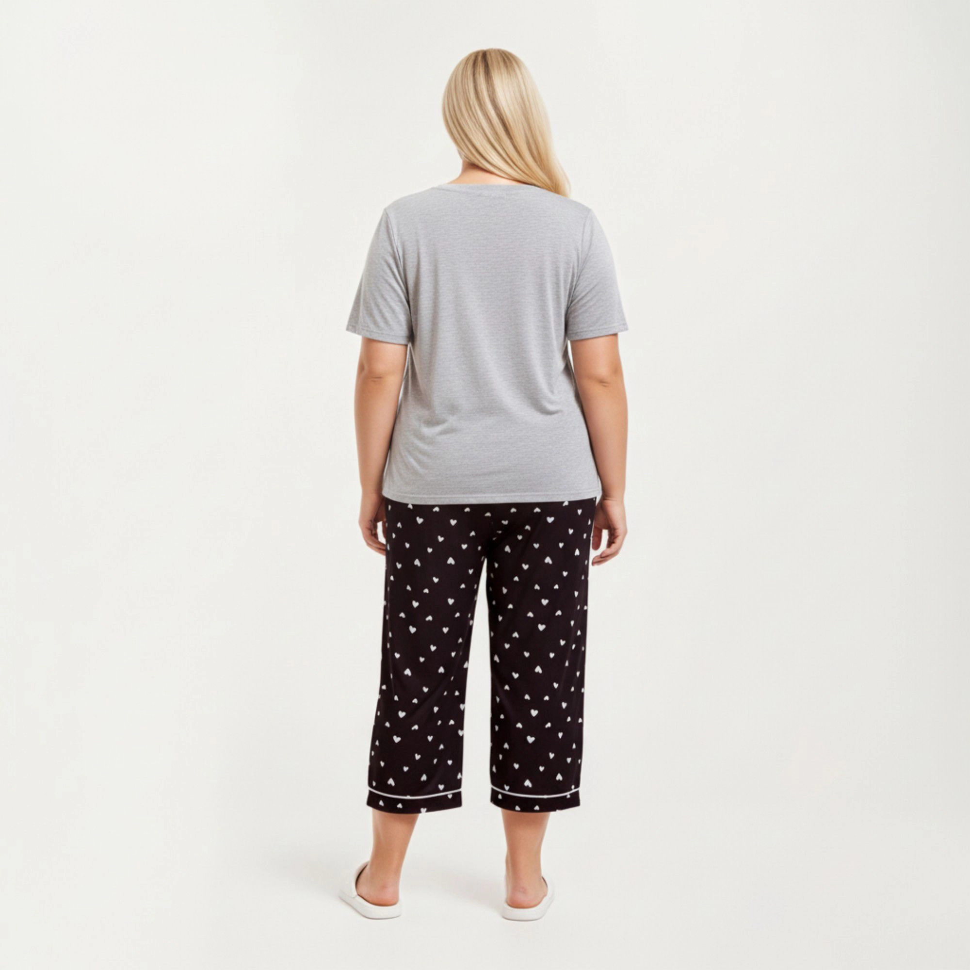 Anna-Kaci Women's 2-Piece Soft Knit Valentine Short Sleeve Top and Heart Print Capri Pajama Pants with Stretch Waist Tie