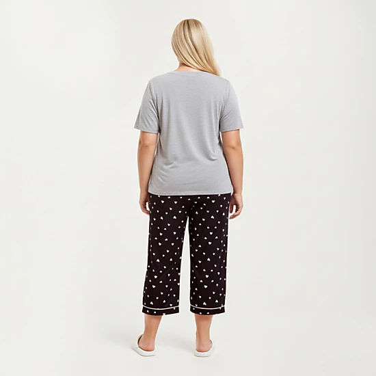 Anna-Kaci Women's 2-Piece Soft Knit Valentine Short Sleeve Top and Heart Print Capri Pajama Pants with Stretch Waist Tie