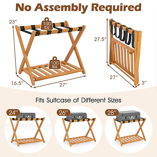 SlickBlue Set of 2 Folding Luggage Racks Acacia Wood Suitcase Stand with Shelf