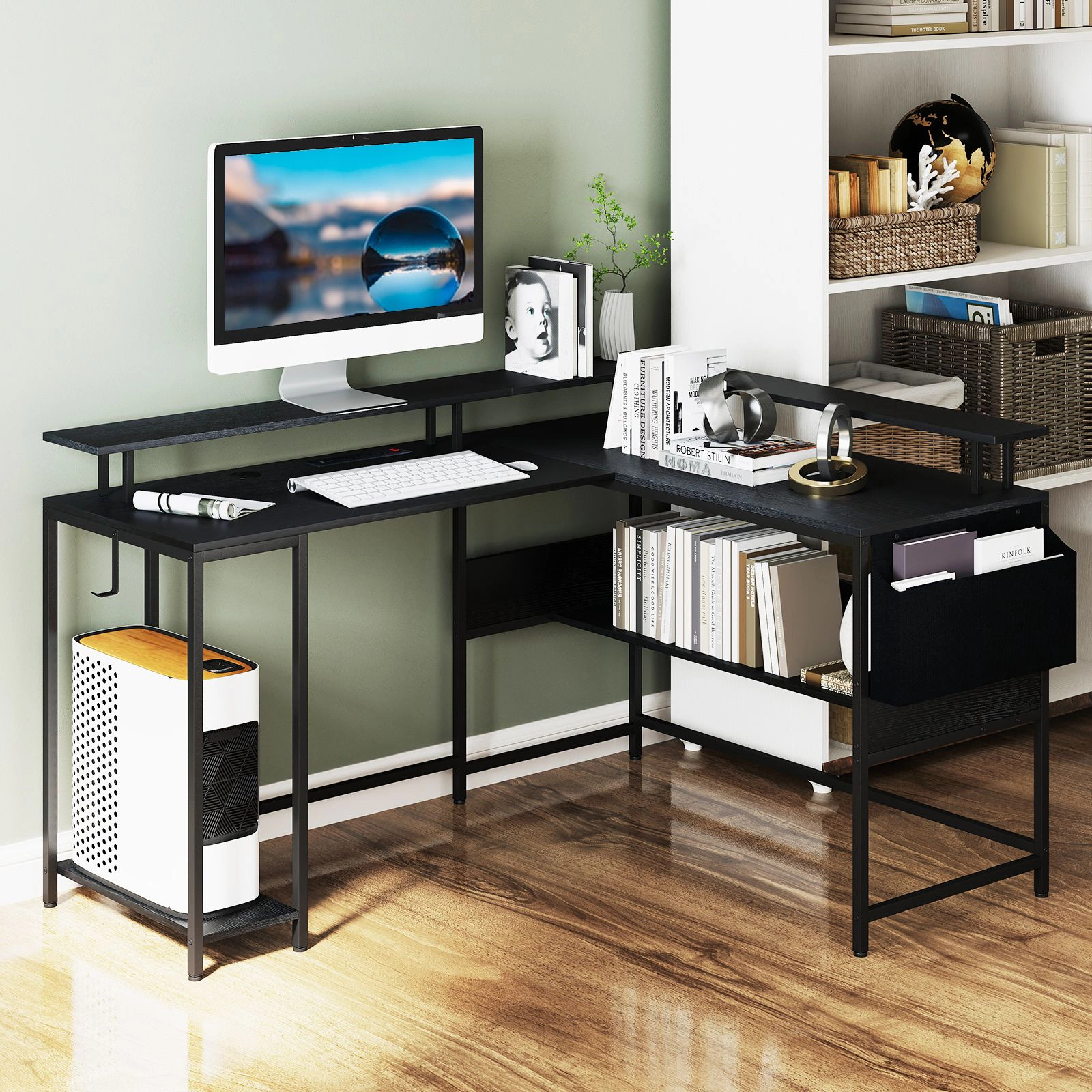 SlickBlue L Shaped Computer Desk with LED Lights and Power Strip