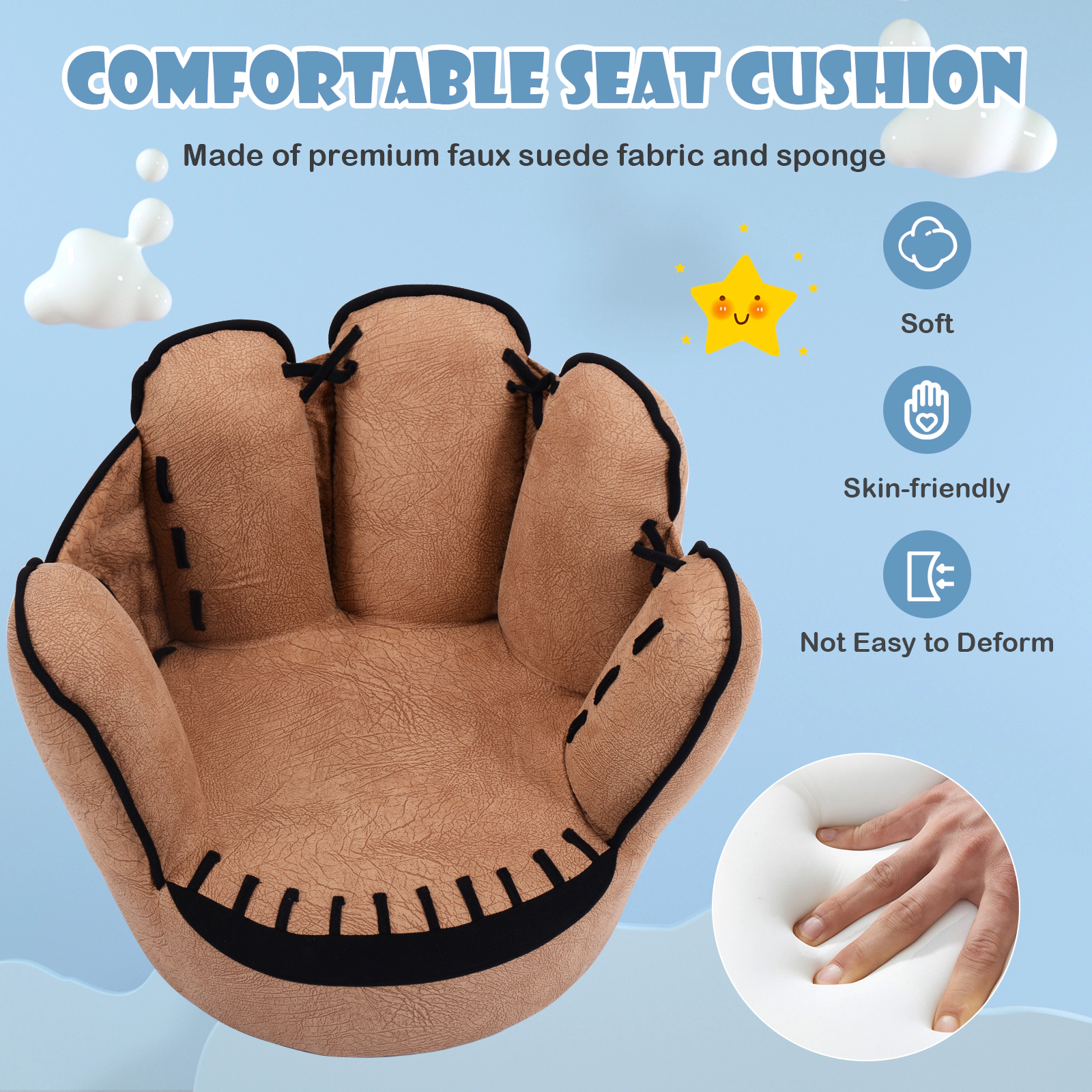 SUGIFT Five Fingers Baseball Glove Shaped Kids Leisure Upholstered Chair 110-lb Capacity Ages 3-5 Brown