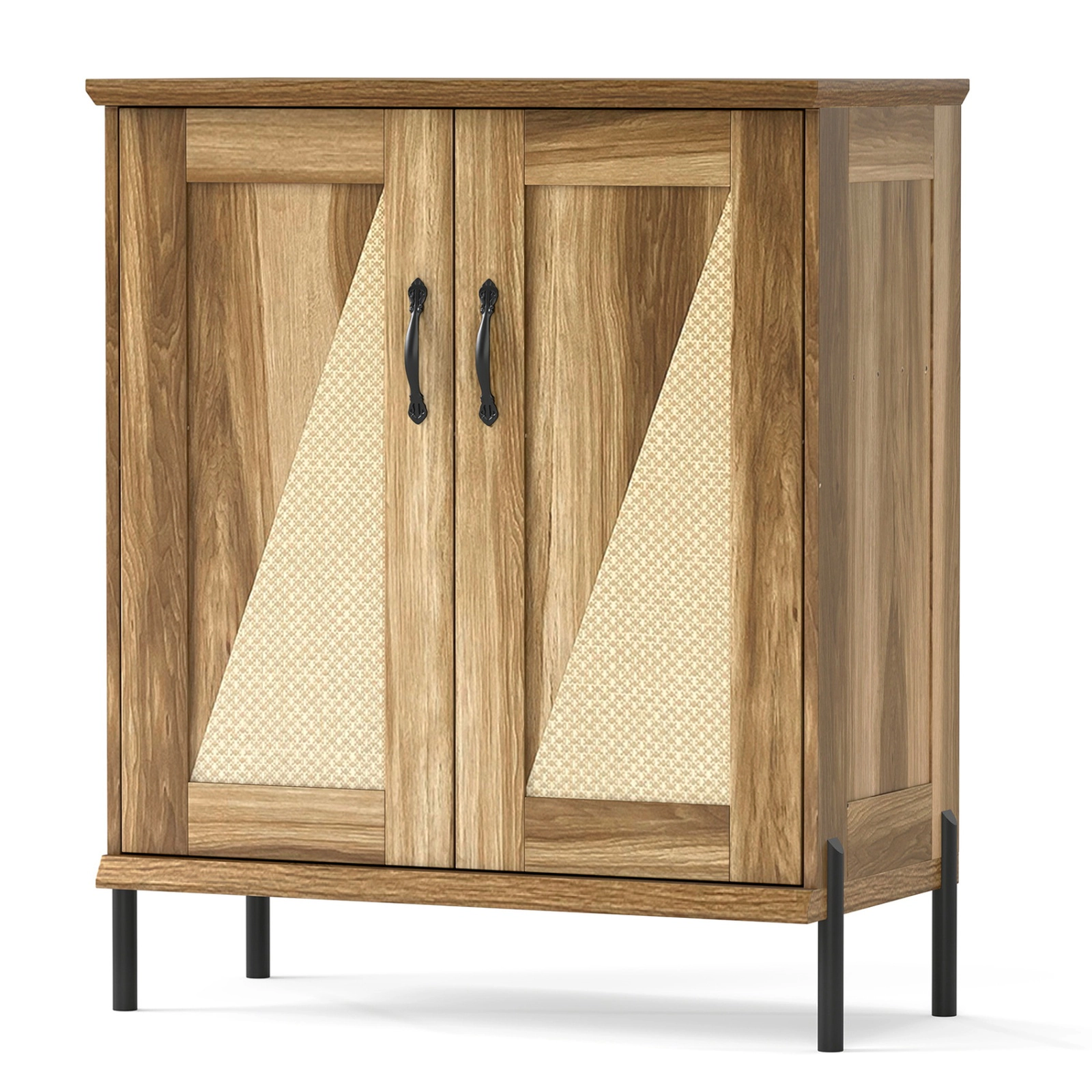 SUGIFT 5-Tier Farmhouse Shoe Cabinet with Woven Rattan Doors 110-lb Countertop Capacity 11-lb Shelf Capacity Natural