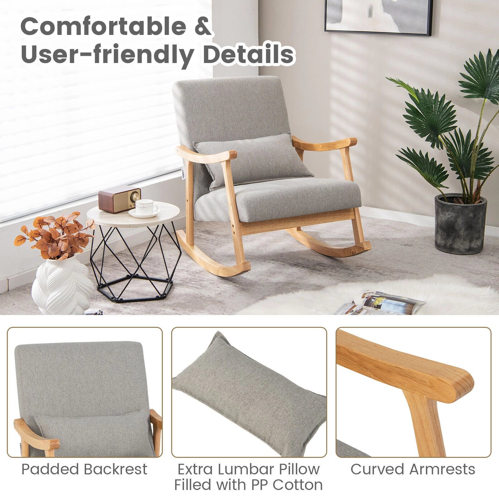 SlickBlue Gray Rocking Chair with Faux Linen Seat & Rubber Wood Frame