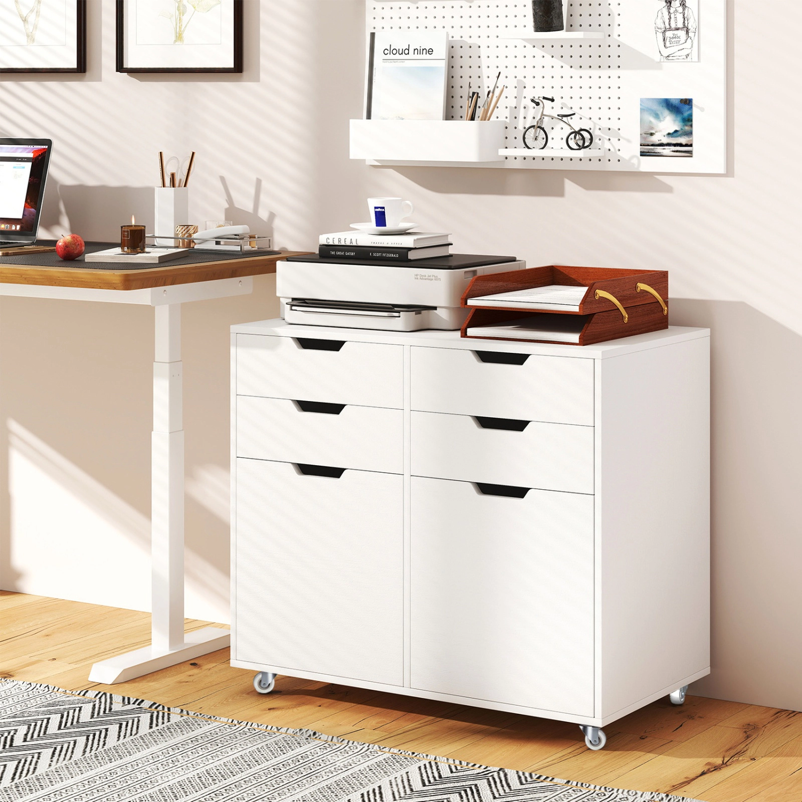 SUGIFT White 29-in 4-Drawer Rolling File Cabinet with 2 Door Cabinets 100-lb Tabletop and 5 Wheels