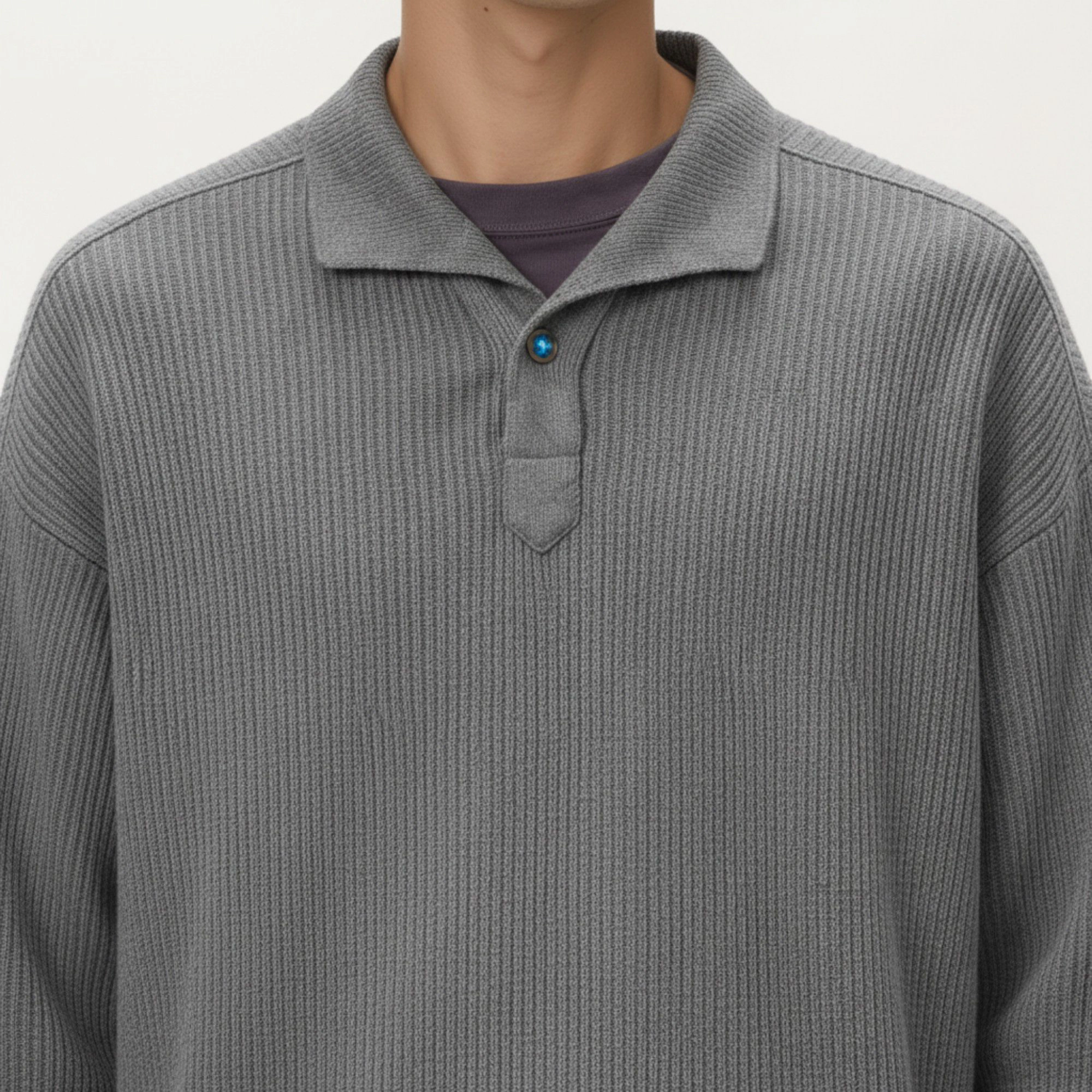 Anna-Kaci Men's Ribbed Long Sleeve Polo Sweater with Relaxed Fit and Soft Knit Texture
