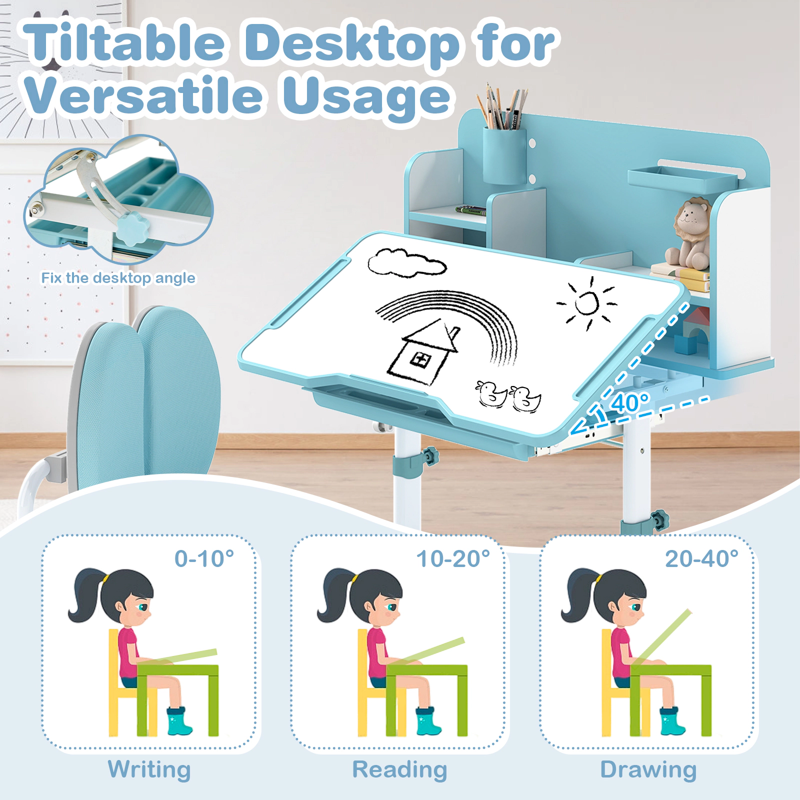 SUGIFT Tilting Kids Study Desk and Chair Set 176-lb Desktop Capacity 220-lb Chair Capacity Ages 3+ Blue/Gray