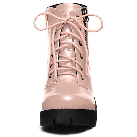 BLISSFUL STEP Women Round Toe Chunky Heel Lace Up Platform Combat Boots
