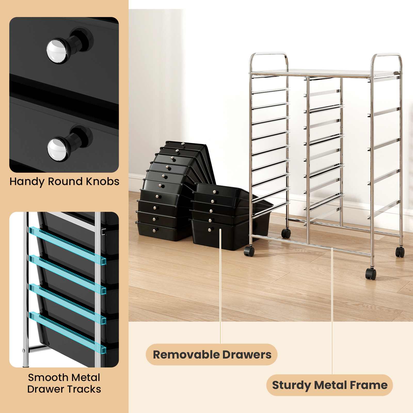 SUGIFT Black 88-lb Capacity 15-Drawer Rolling Storage Trolley with Chrome Frame Top Shelf and Locking Wheels