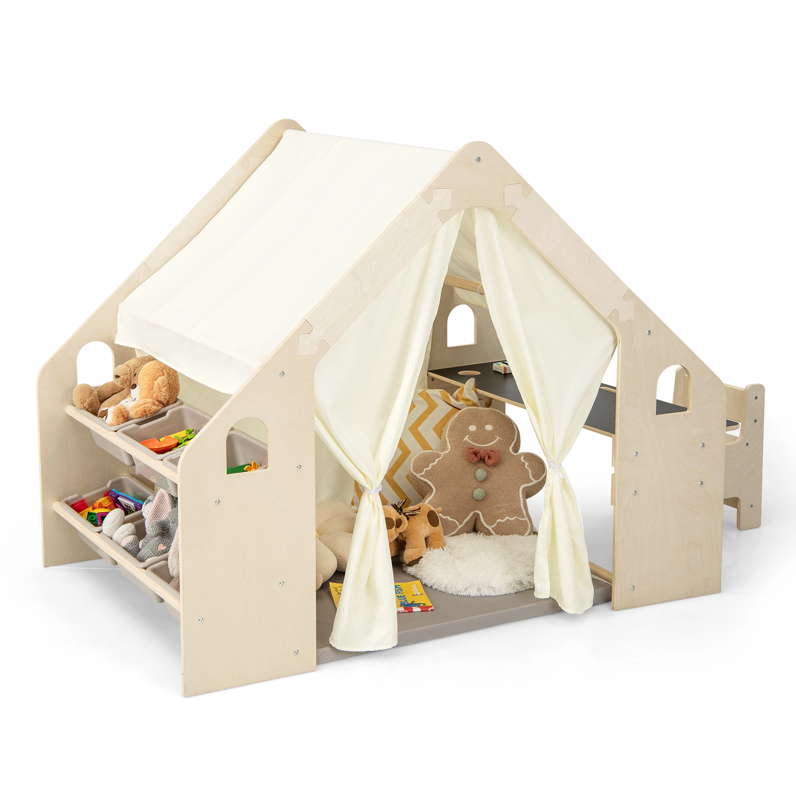 SUGIFT Beige Blackboard 6 Storage Bins Table and Chair 6-in-1 Kids Play Tent Playhouse