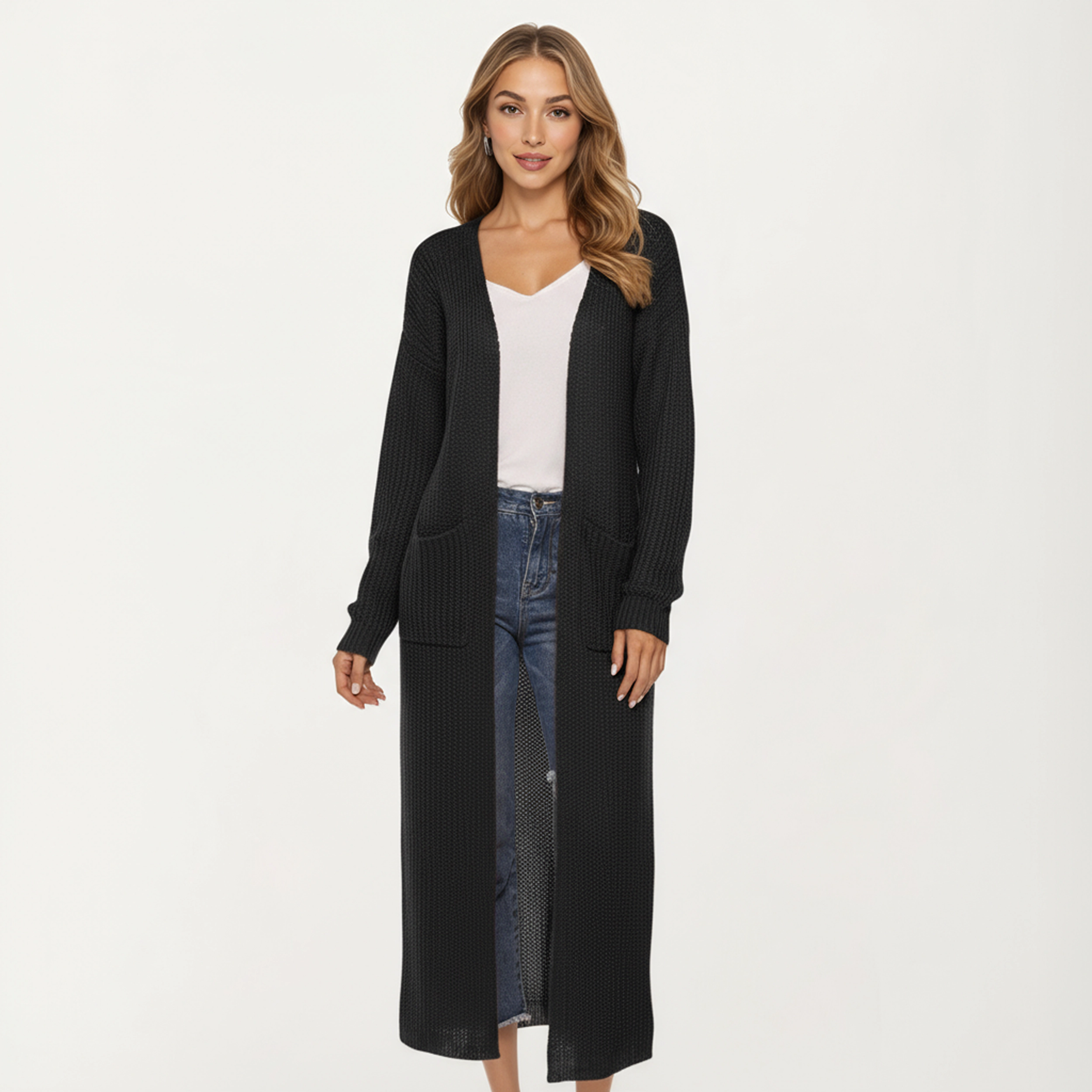 Anna-Kaci Women's Open Front Long Knit Cardigan with Pockets and Ribbed Trim Design