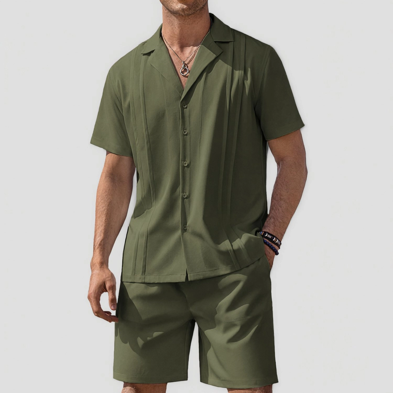 COOFANDY Mens Casual  Short Sleeve Pleated Shirt Lapel Collar Shorts Set
