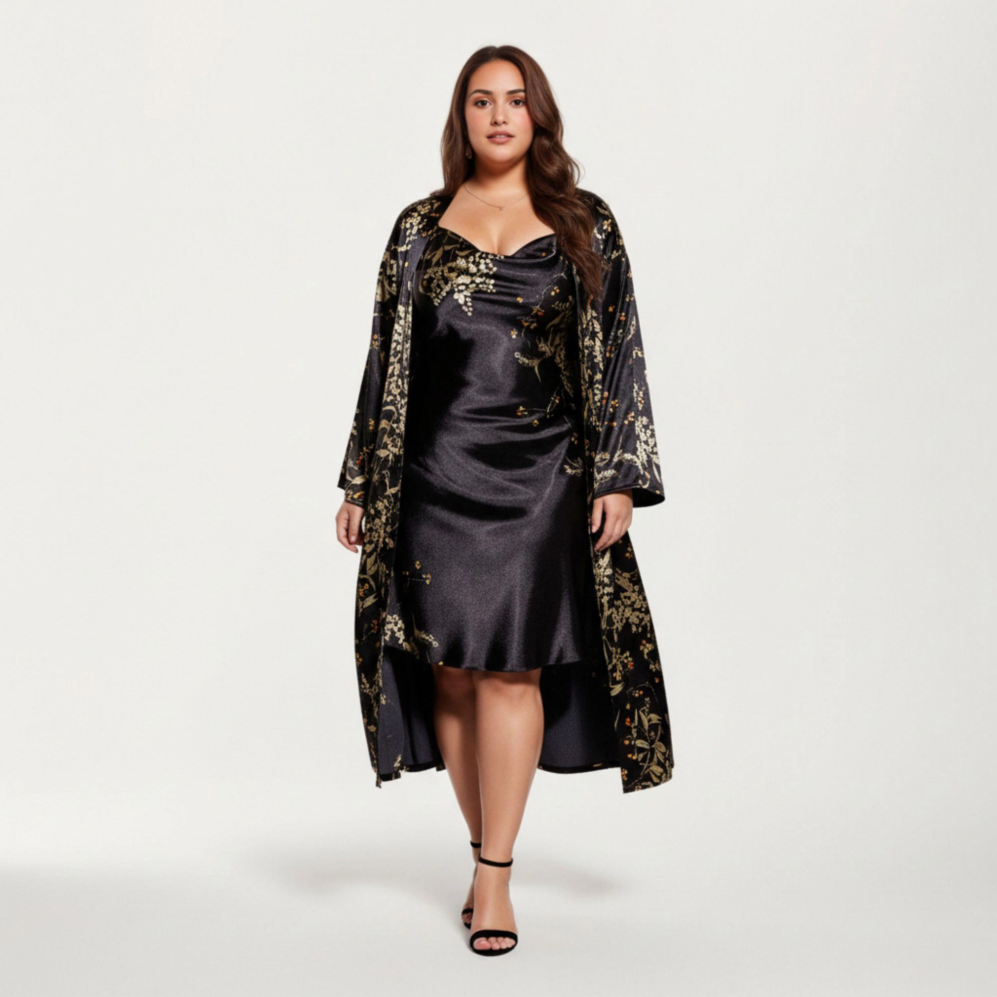 Anna-Kaci Women's Satin Slip Dress and Long Robe Set Floral Pattern Draped Neckline Elegant Flowing Layered Design