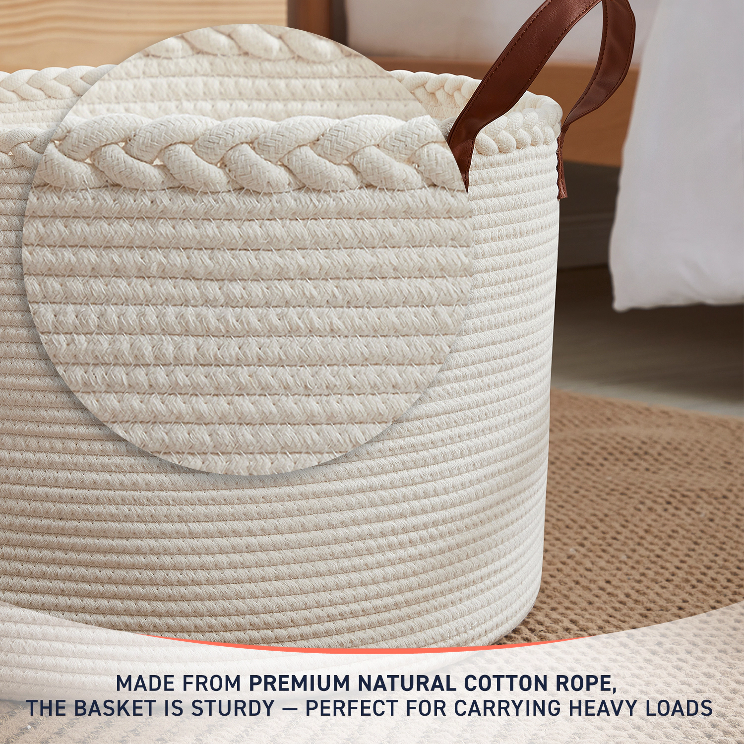 Ornavo Home Extra Large Round Cotton Rope Storage Basket Laundry Hamper with Leather Handles