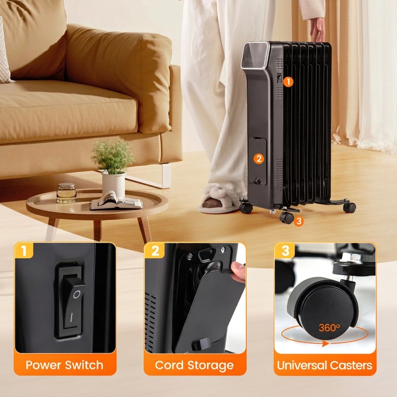 SUGIFT 1500W Oil Filled Radiator Heater with Remote Control 3 Heat Settings 24H Timer 24-in Tall Black