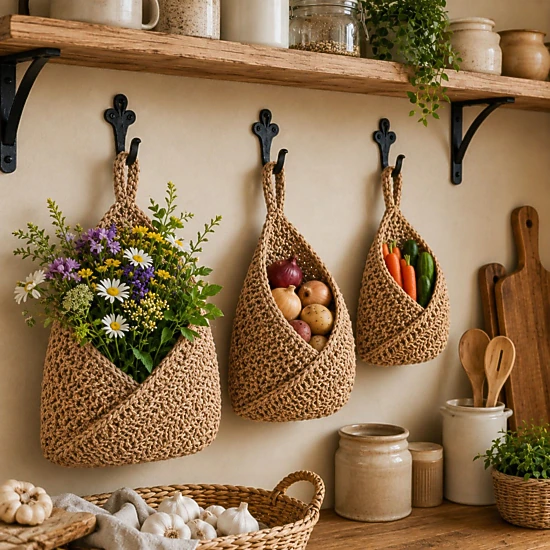 Alilang Unisex Woven Cotton Rope Hanging Basket Set Wall Storage Organizer with Hooks
