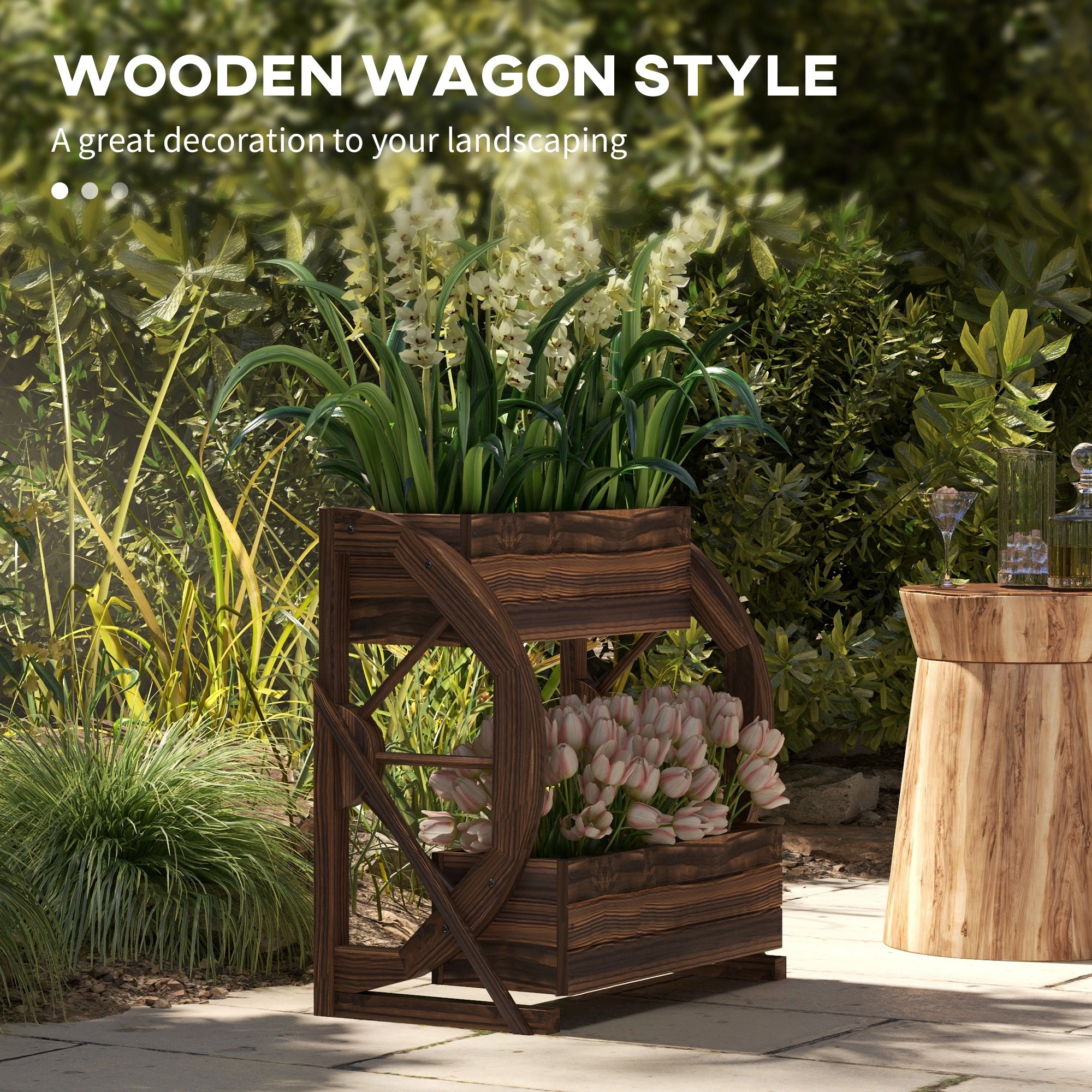 HONGGE Wooden Wagon Planter Box Raised Garden Bed for Vegetables Flowers Herbs