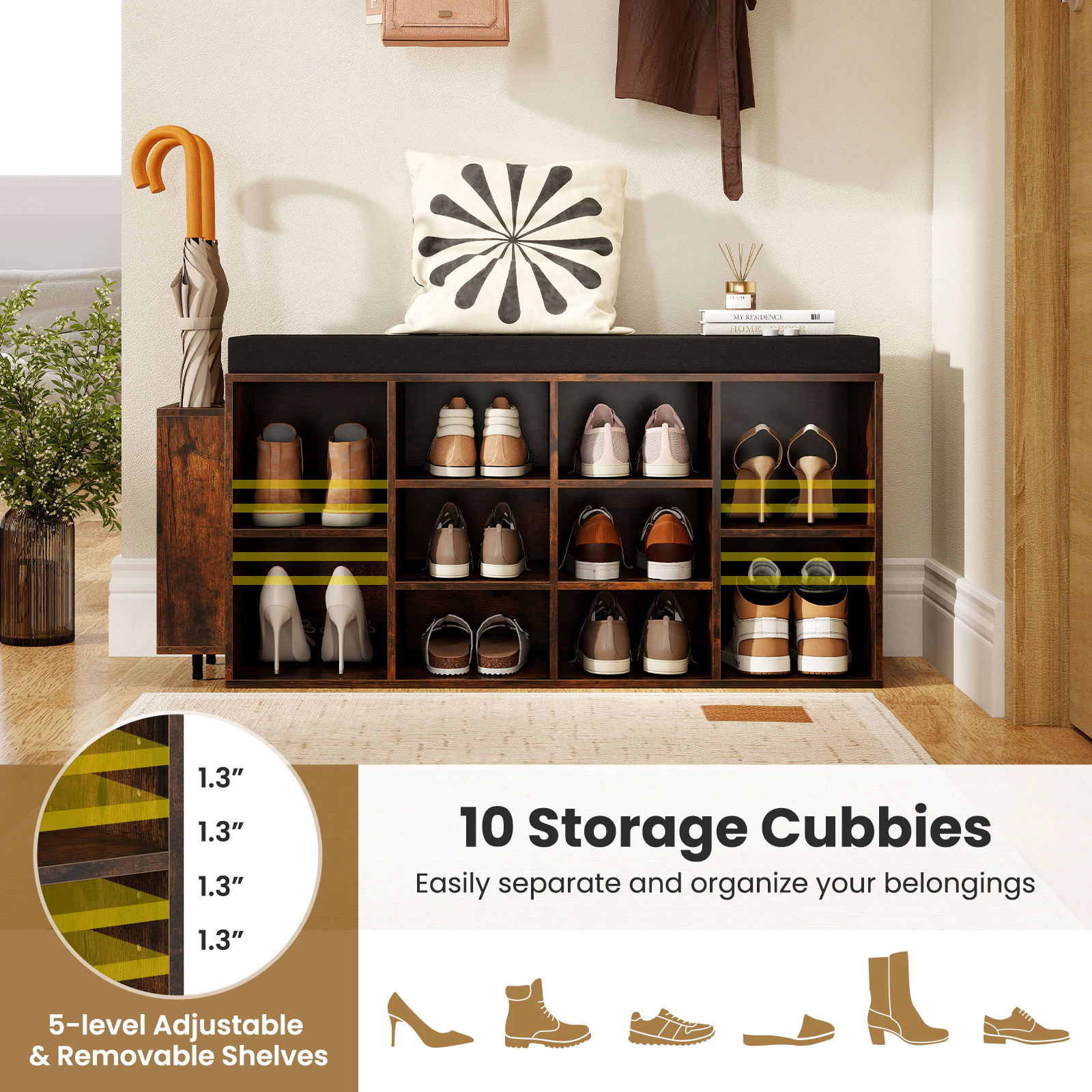 SUGIFT 10-Cubby Shoe Storage Bench with Umbrella Stand 165-lb Seating Capacity Rustic Brown/Black