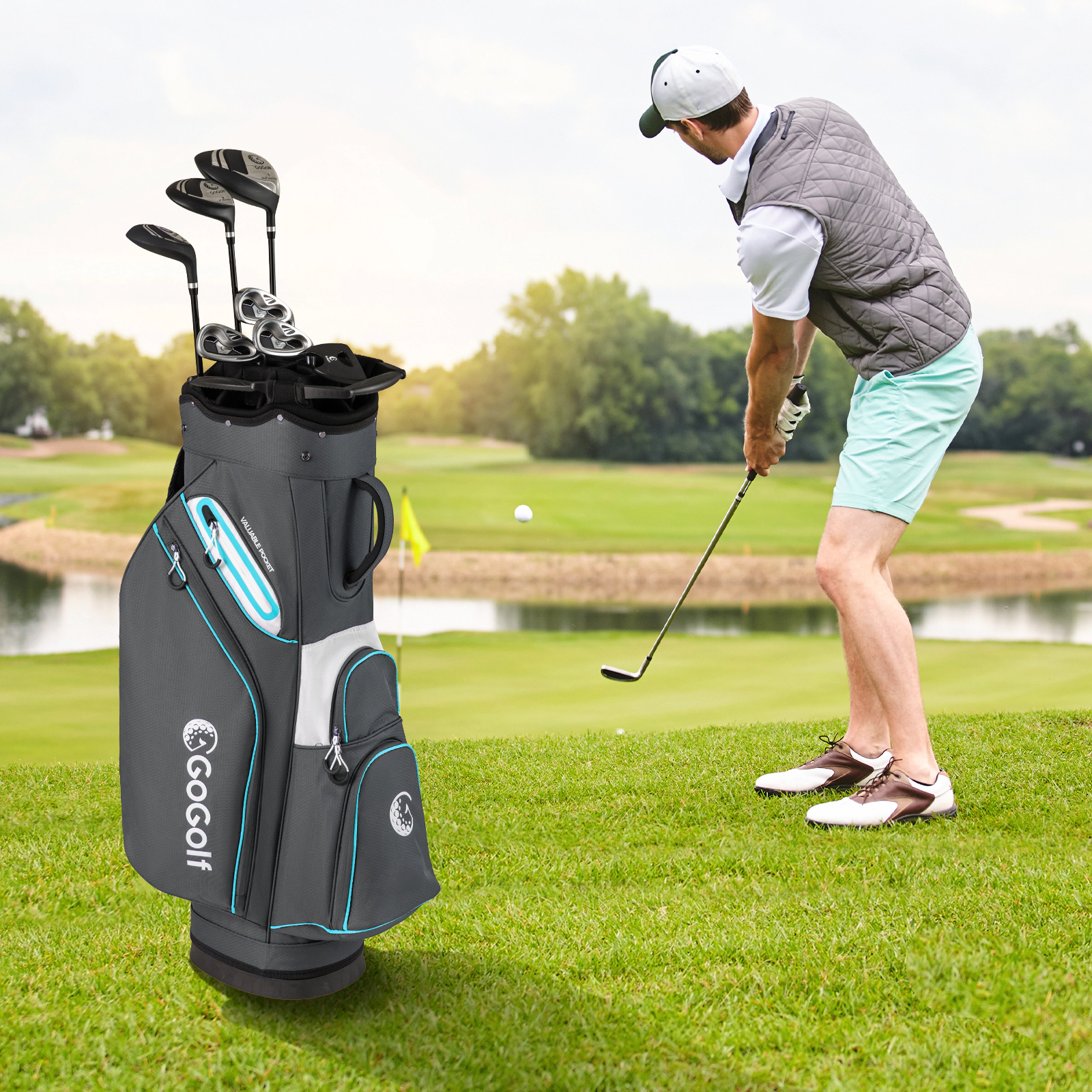 Lightweight Golf Cart Bag 14-Way Top 6 Zippered Pockets Cooler Pocket Removable Rain Hood Padded Strap Gray