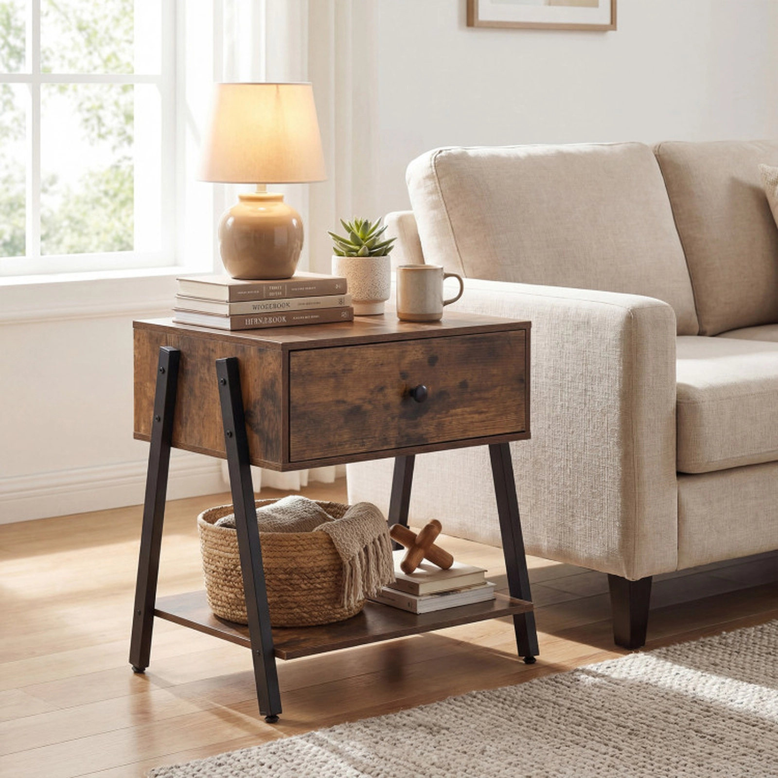 SUGIFT Industrial Nightstand with Drawer and Bottom Shelf 44-lb Top Shelf Capacity Rustic Brown 20-in Tabletop